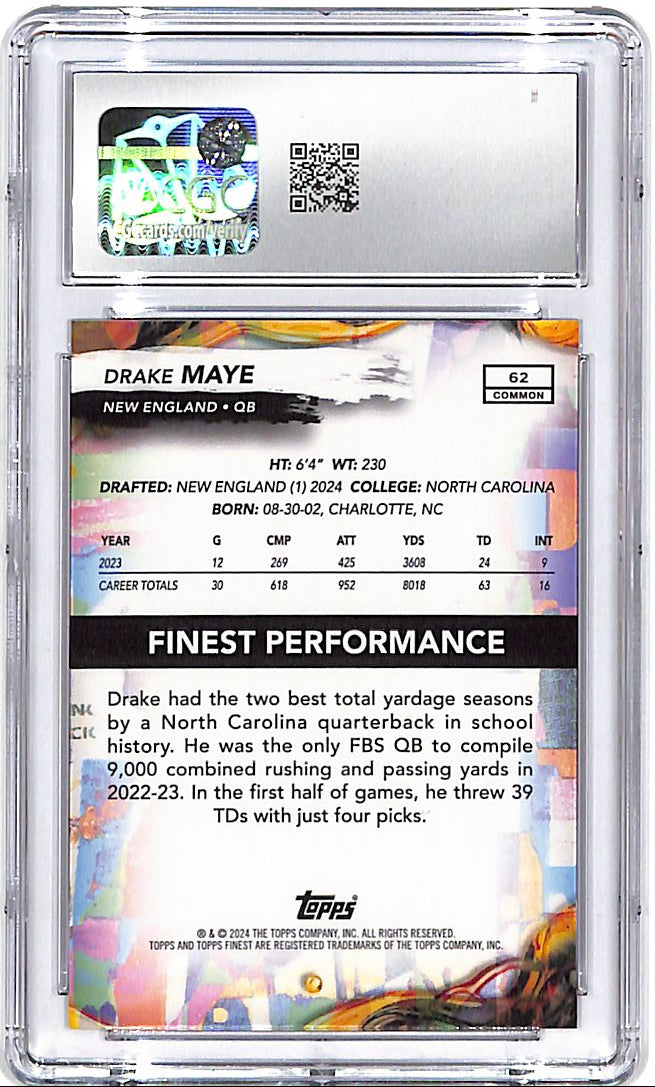 2024 Topps Finest Drake Maye Rookie RC #62 CGC 10 Patriots