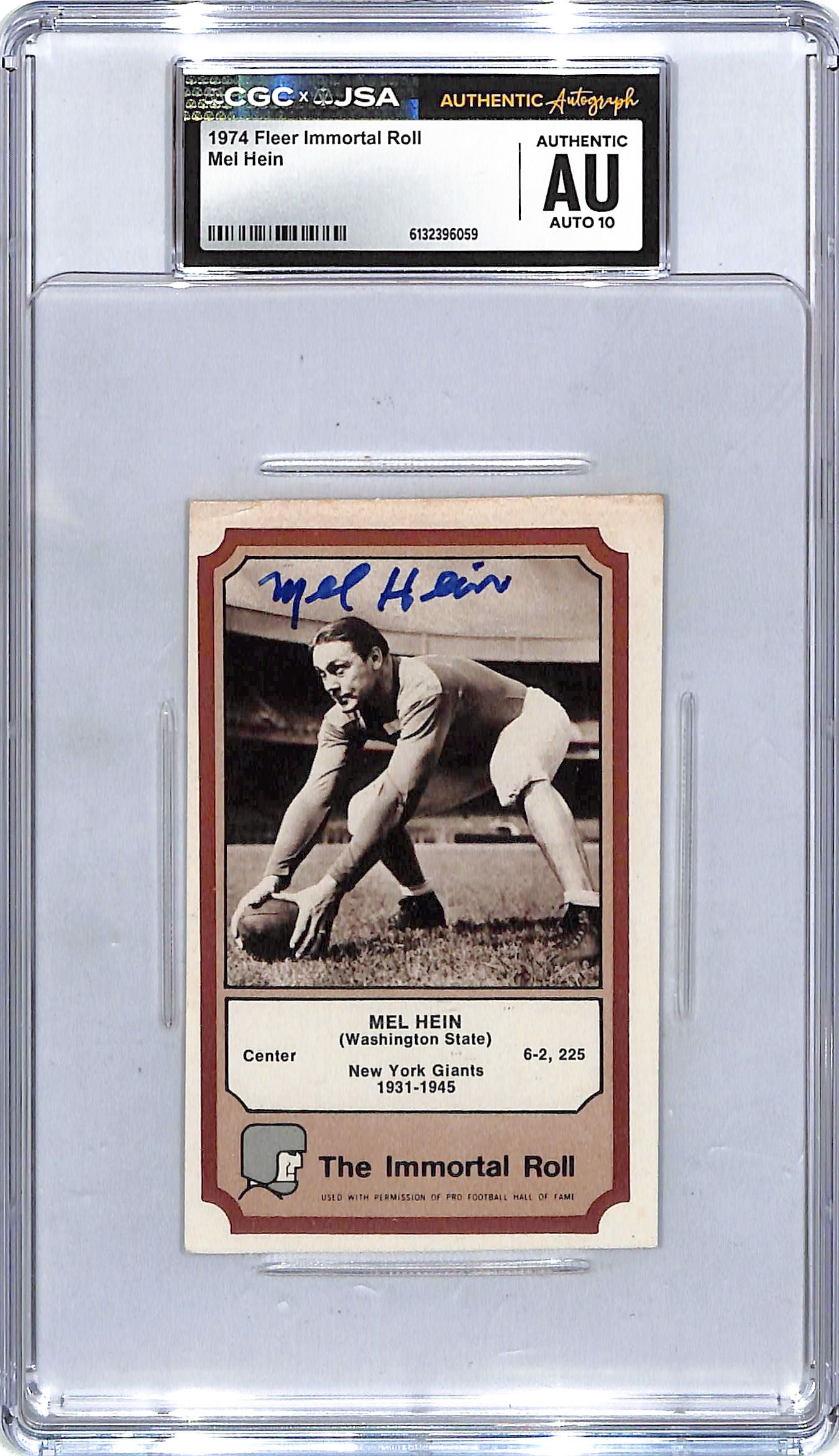 1974 Fleer Immortal Roll Mel Hein Auto Autograph CGC Authentic