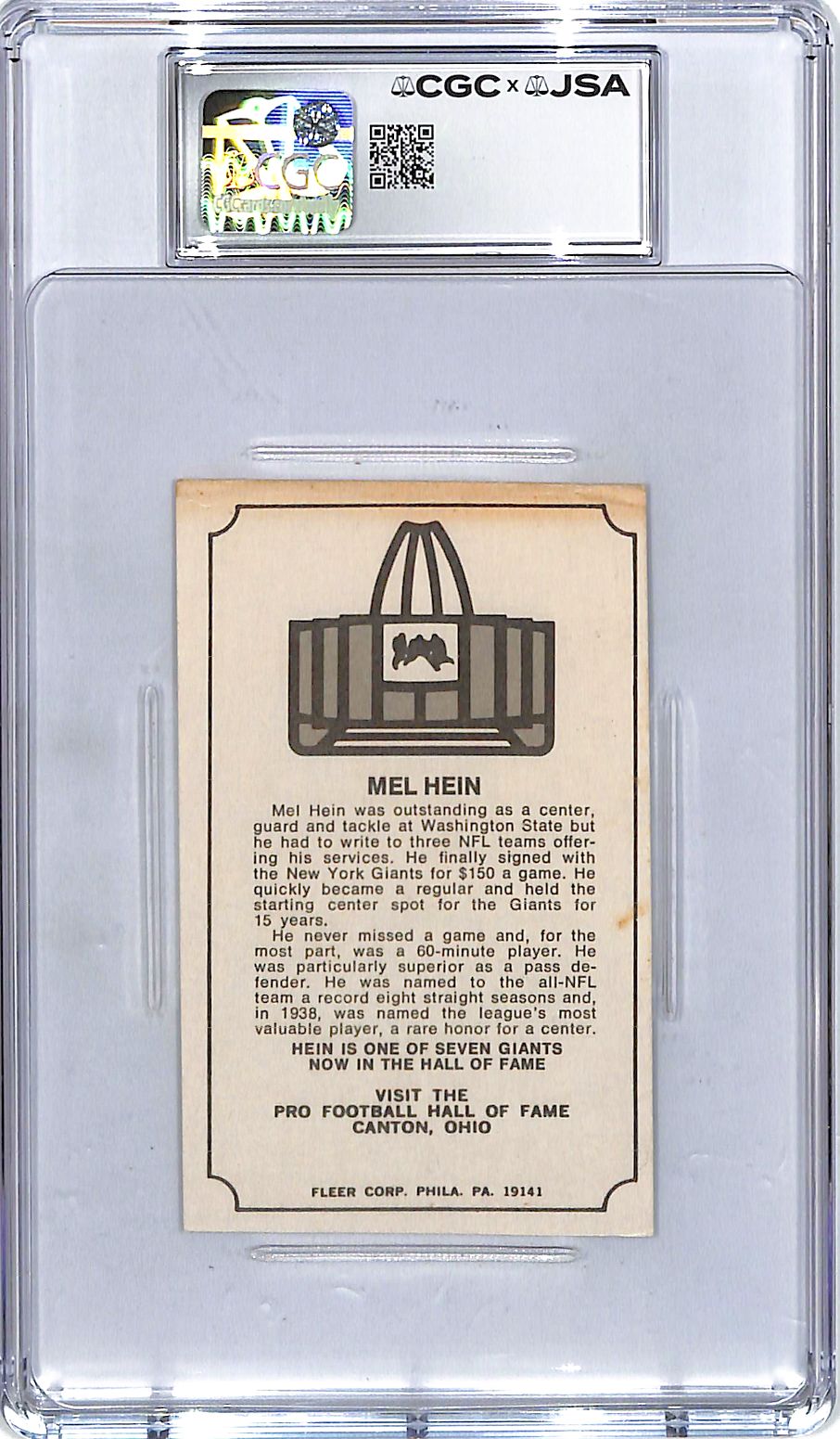 1974 Fleer Immortal Roll Mel Hein Auto Autograph CGC Authentic
