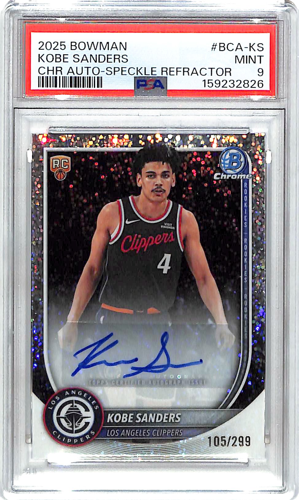 2025-26 Bowman Chrome Kobe Sanders Auto Autograph Rookie RC Speckle /299 PSA 9 Clippers