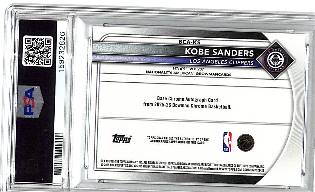 2025-26 Bowman Chrome Kobe Sanders Auto Autograph Rookie RC Speckle /299 PSA 9 Clippers