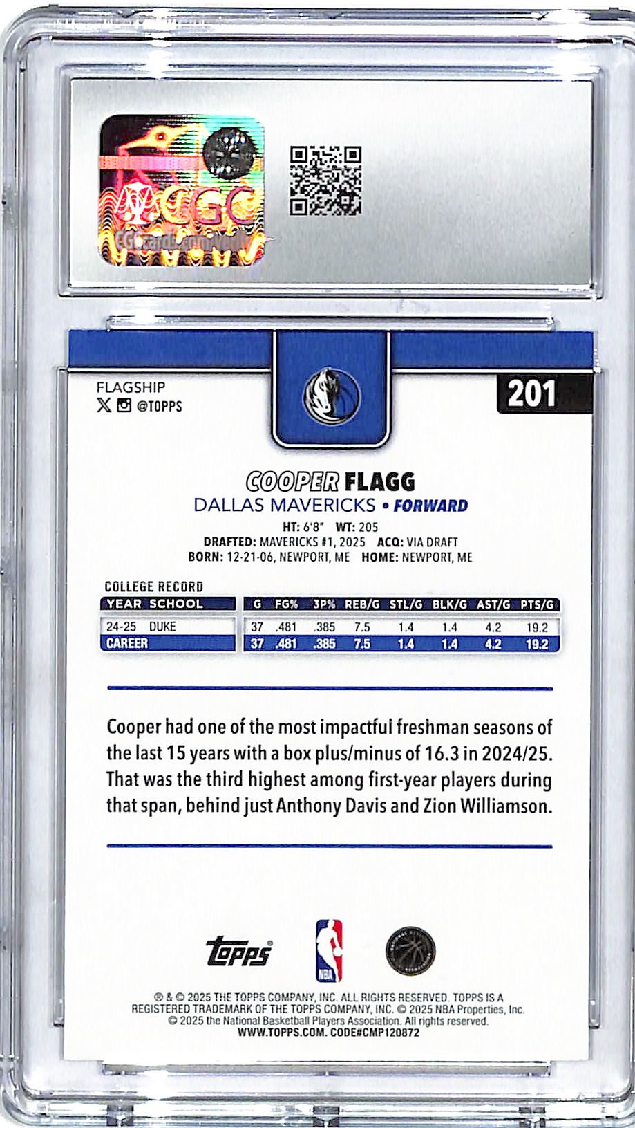 2025-26 Topps Cooper Flagg Rookie RC #201 CGC 10 Mavericks