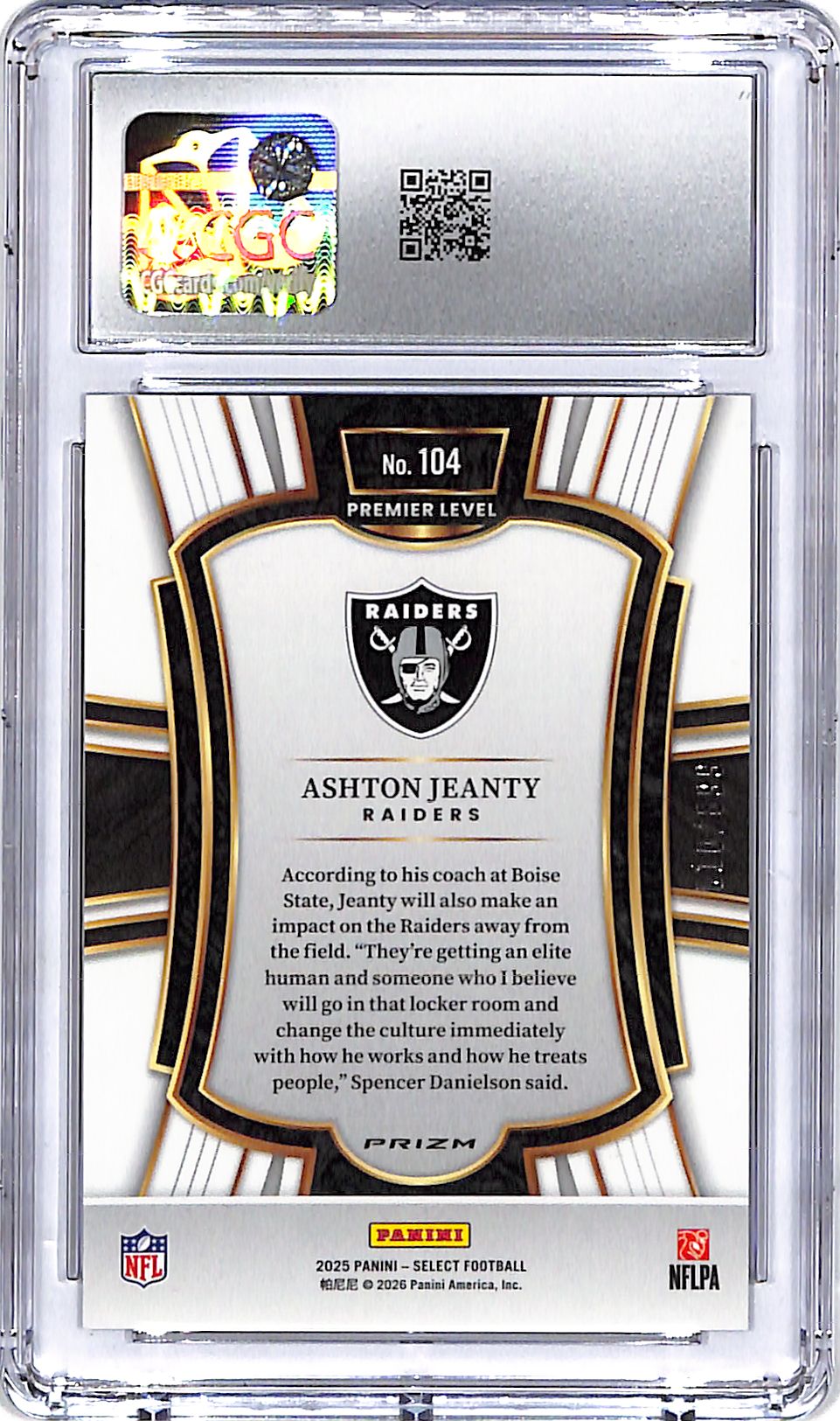 2025 Select Ashton Jeanty Rookie RC Copper Shock /899 CGC 10 Raiders