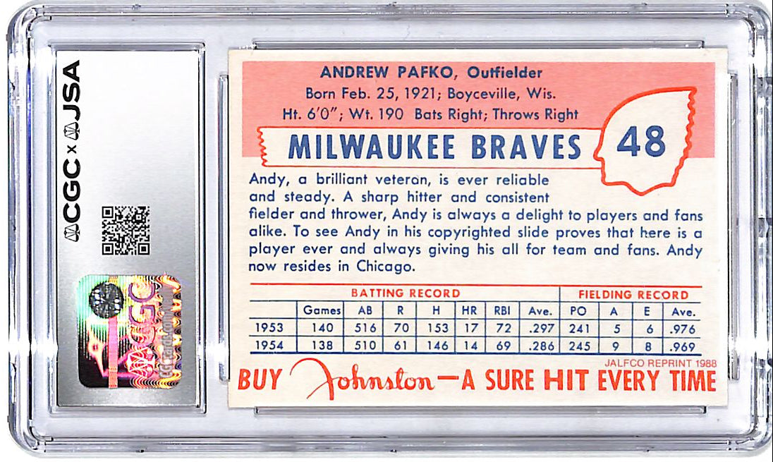 1988 Jalfco 55 Johnston Cookies Andy Pafko Auto Autograph CGC 8.5 Authentic Braves
