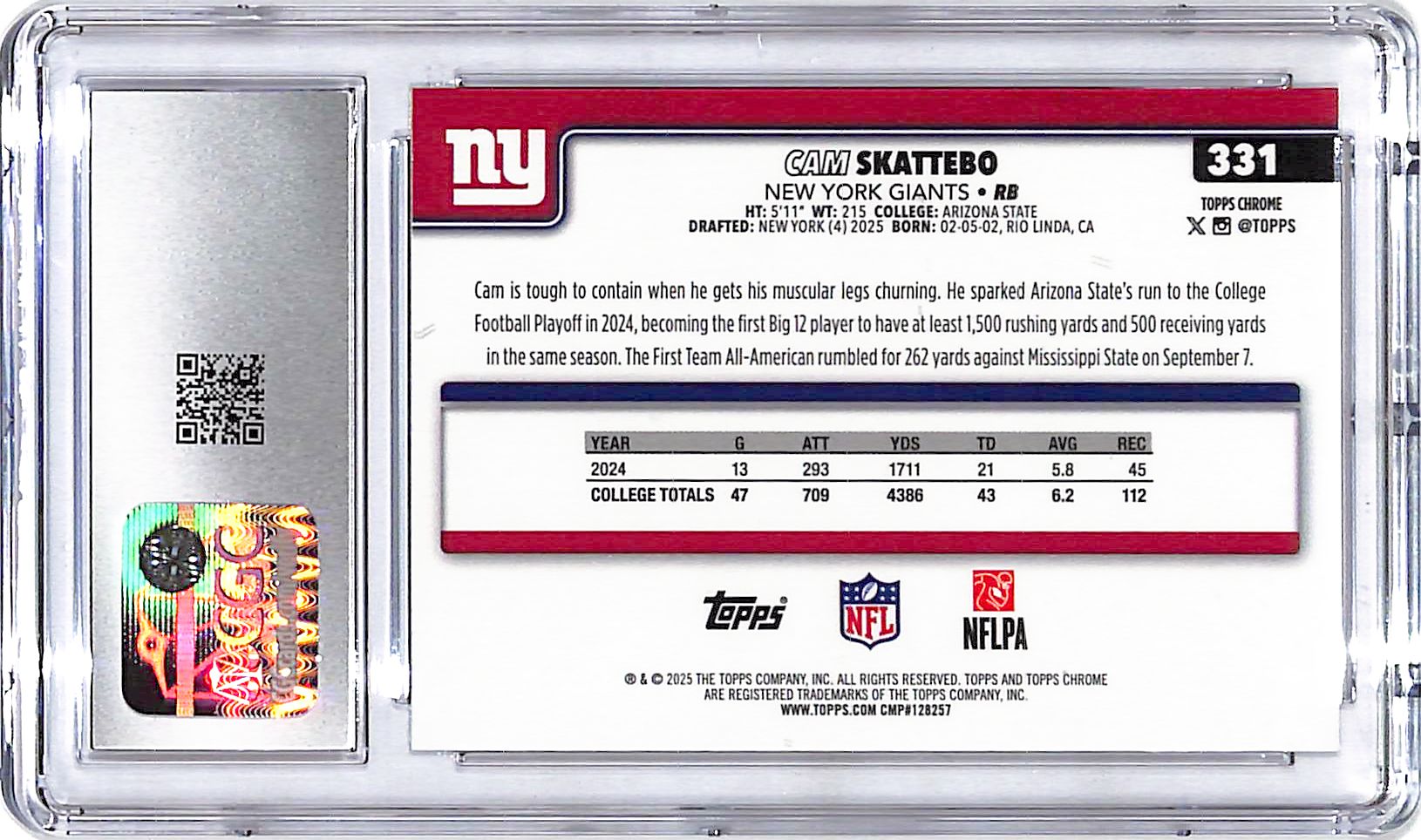 2025 Topps Chrome Cam Skattebo Rookie RC Pulsar Refractor CGC 10 Giants