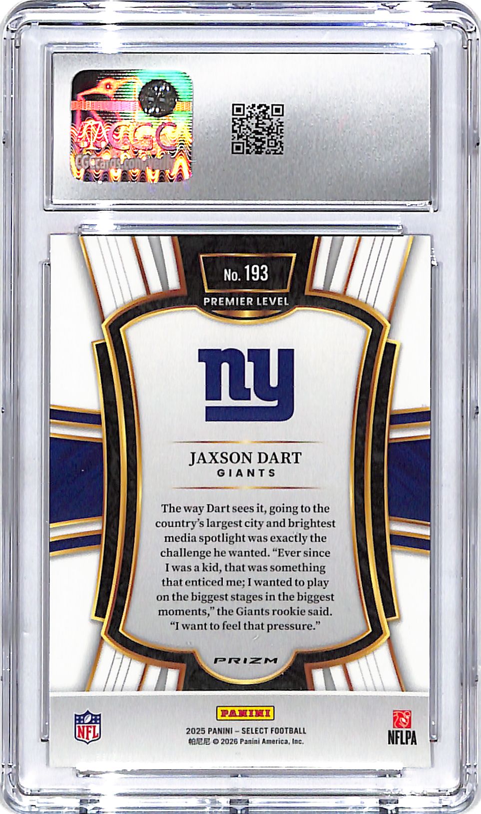 2025 Select Jaxson Dart Rookie RC Black Red Shock CGC 10 Giants