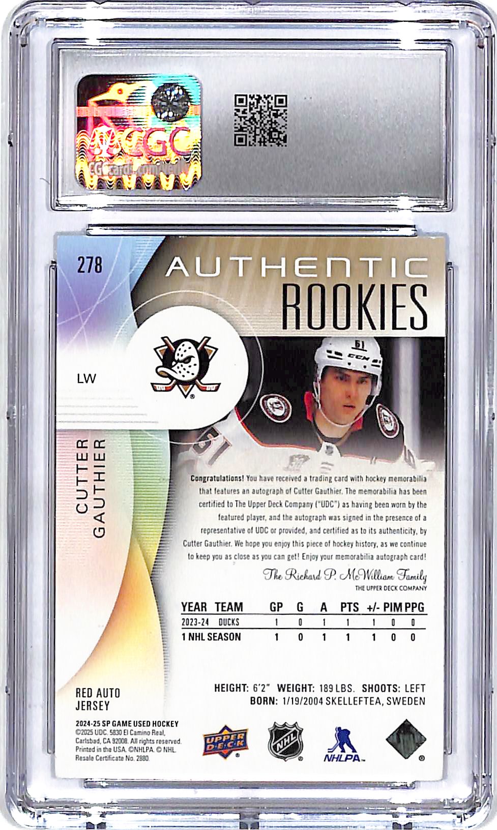 2024-25 SP Game Used Cutter Gauthier Auto Autograph Rookie RC Patch Jersey Red /49 CGC 9