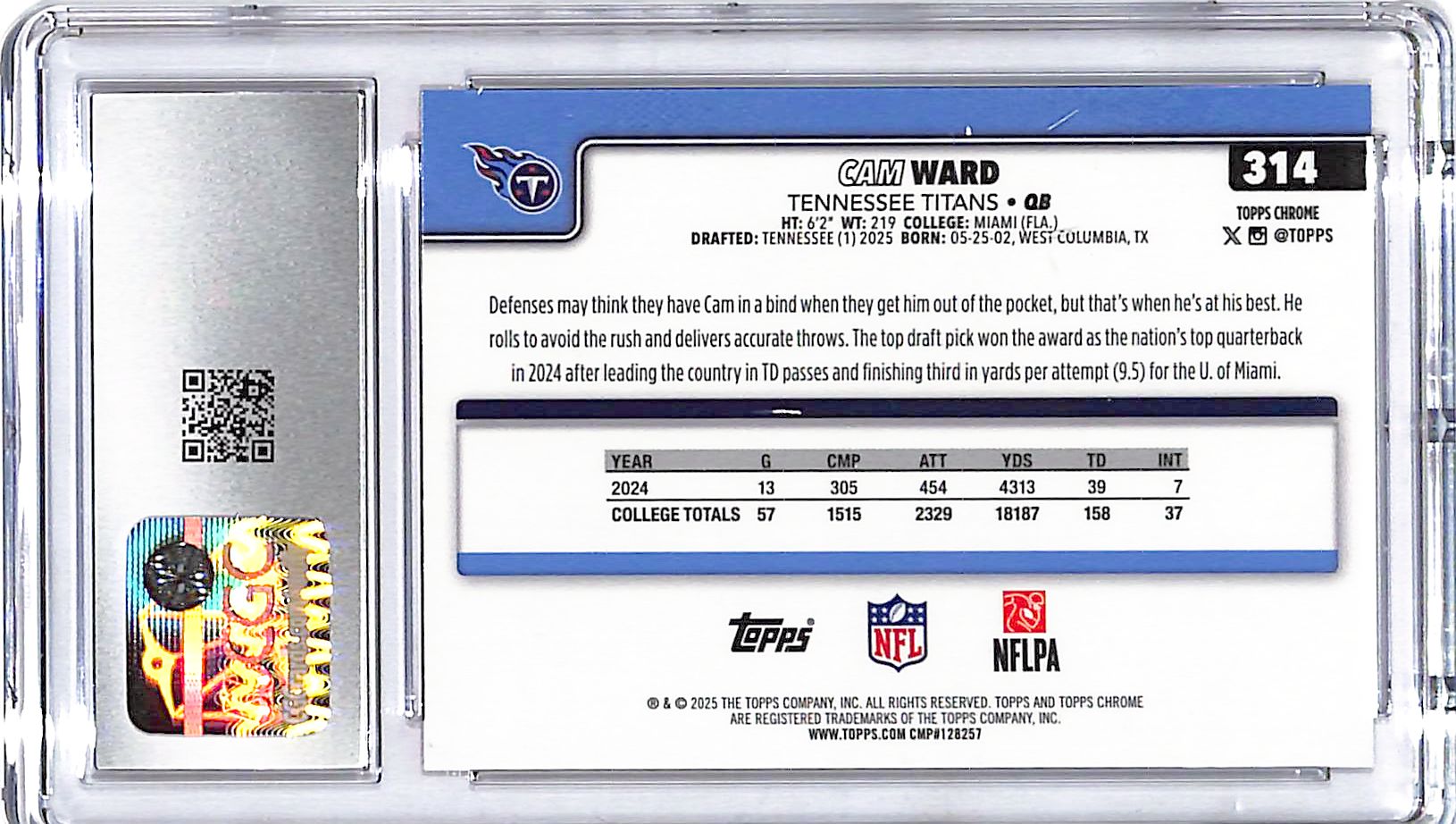 2025 Topps Chrome Cam Ward Rookie RC Red White and Blue Refractor CGC 10 Titans