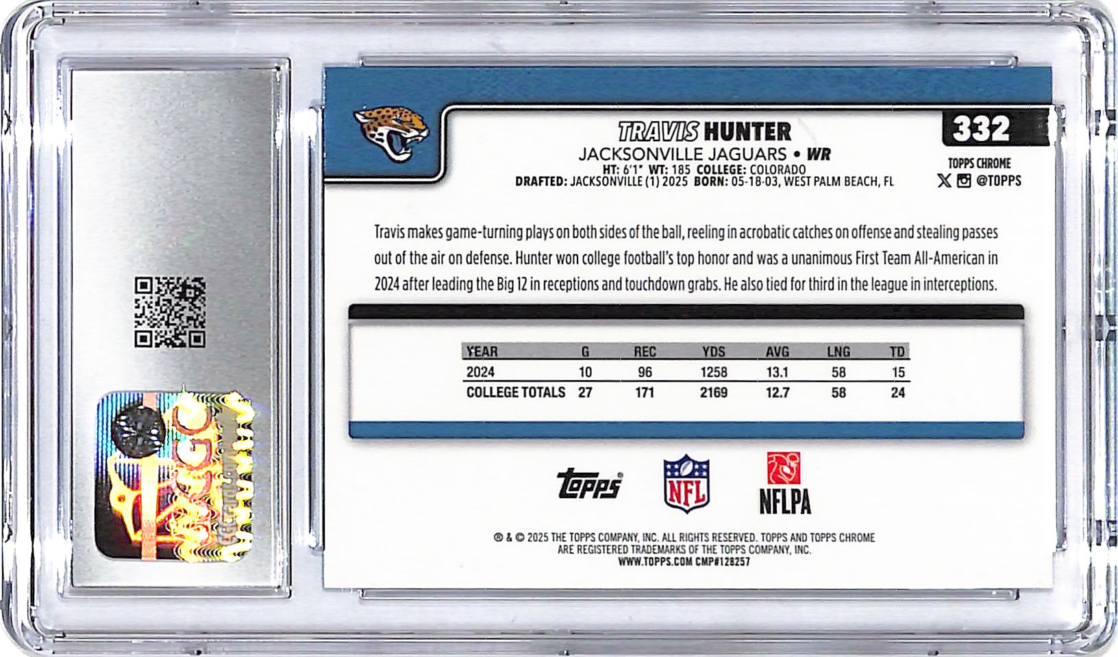 2025 Topps Chrome Travis Hunter Rookie RC Aqua Refractor /199 CGC 9 Jaguars