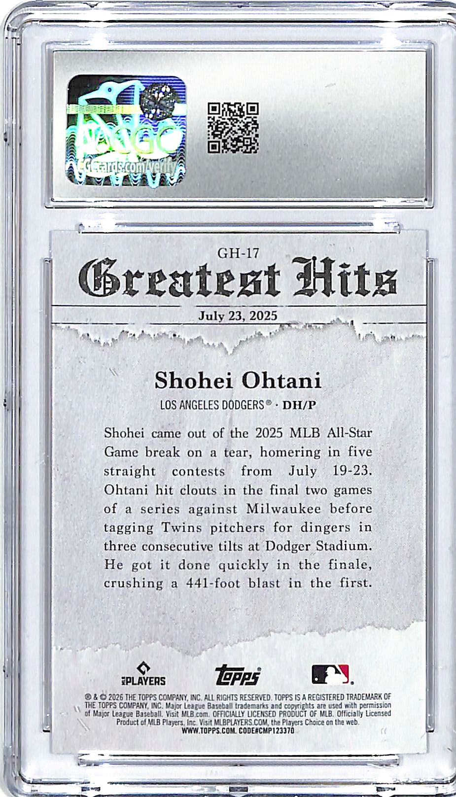 2026 Topps Shohei Ohtani Greatest Hits #17 8.5 Dodgers
