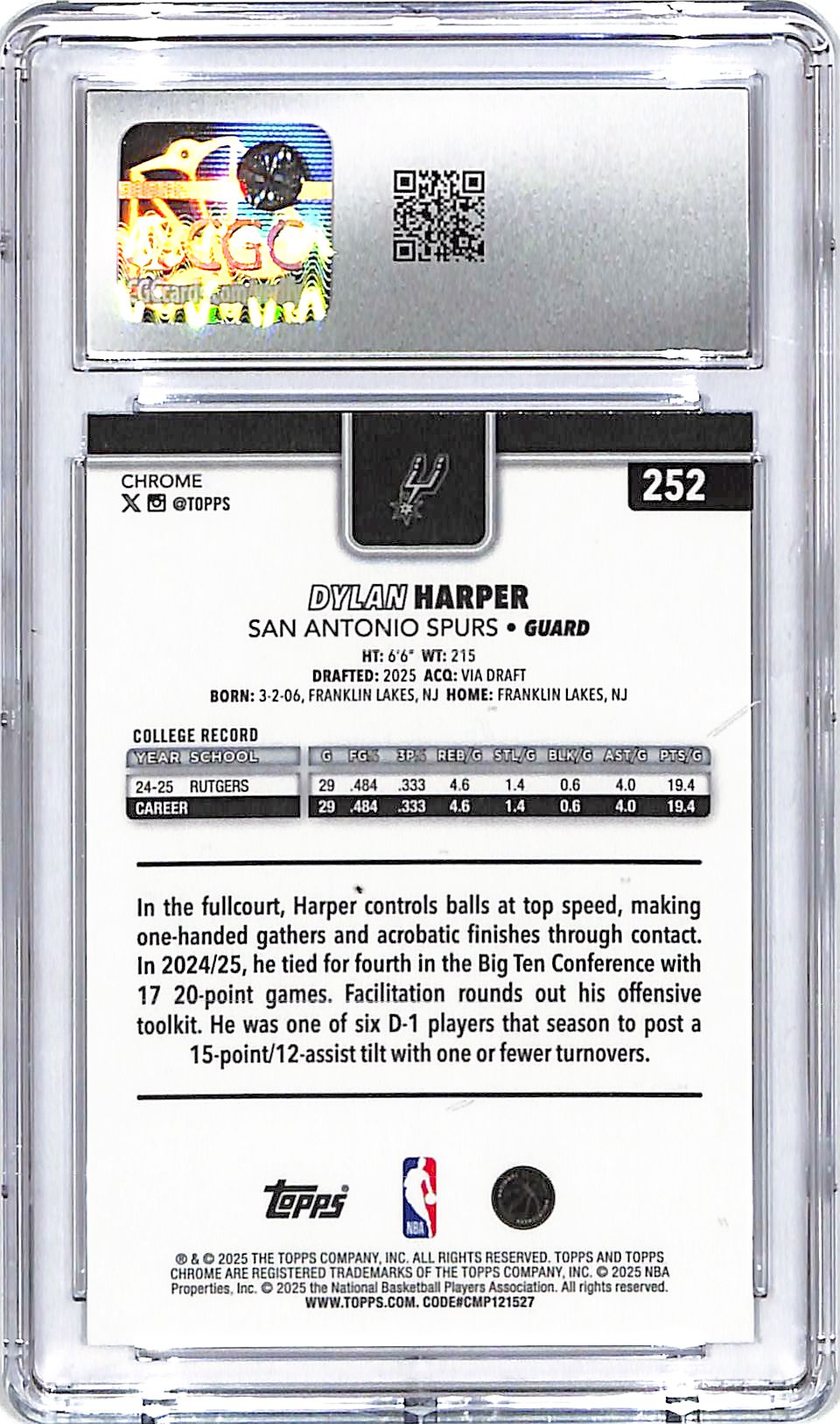 2025-26 Topps Chrome Dylan Harper Rookie RC RayWave Refractor CGC 9.5 Spurs