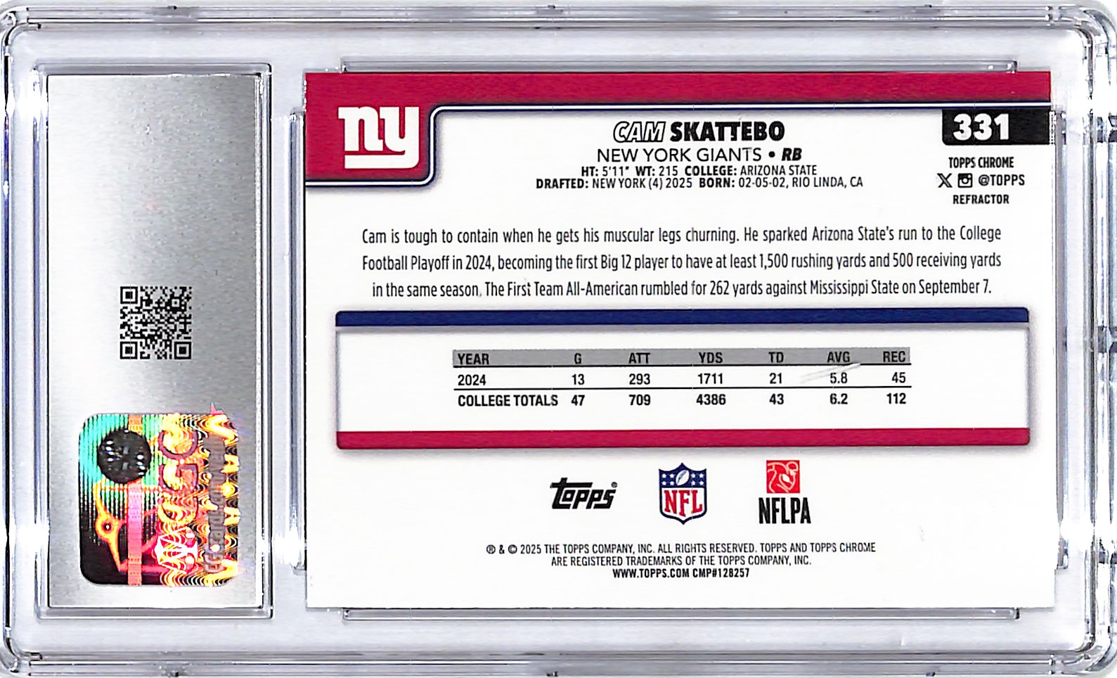 2025 Topps Chrome Cam Skattebo Rookie RC Refractor CGC 10 Giants
