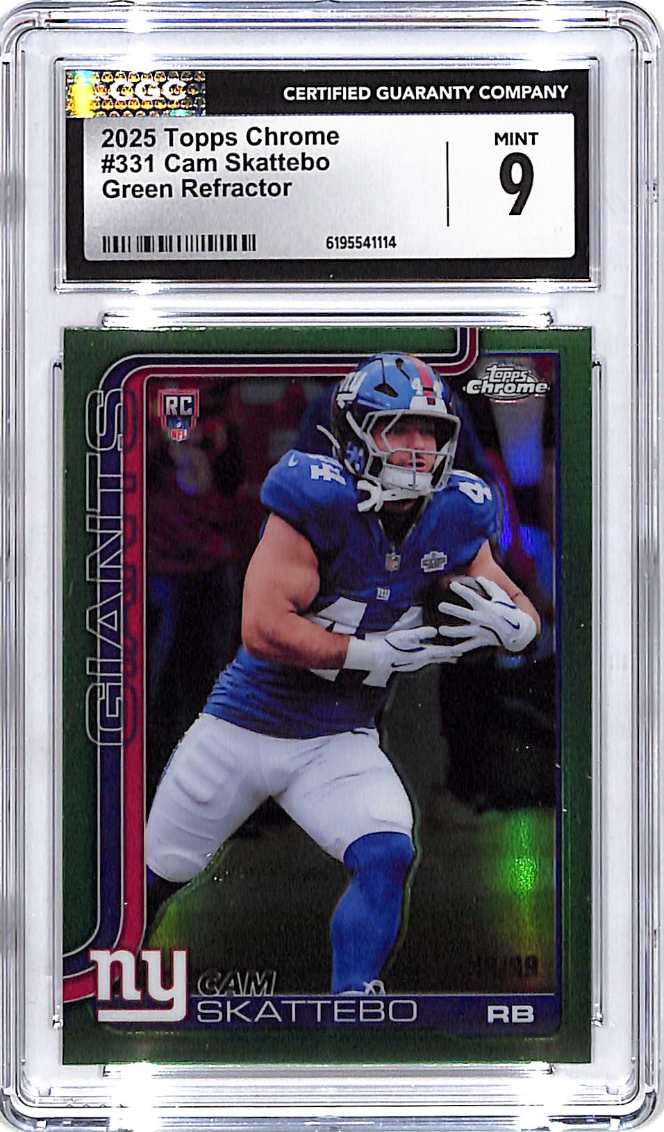 2025 Topps Chrome Cam Skattebo Rookie RC Green Refractor /99 CGC 9 Giants