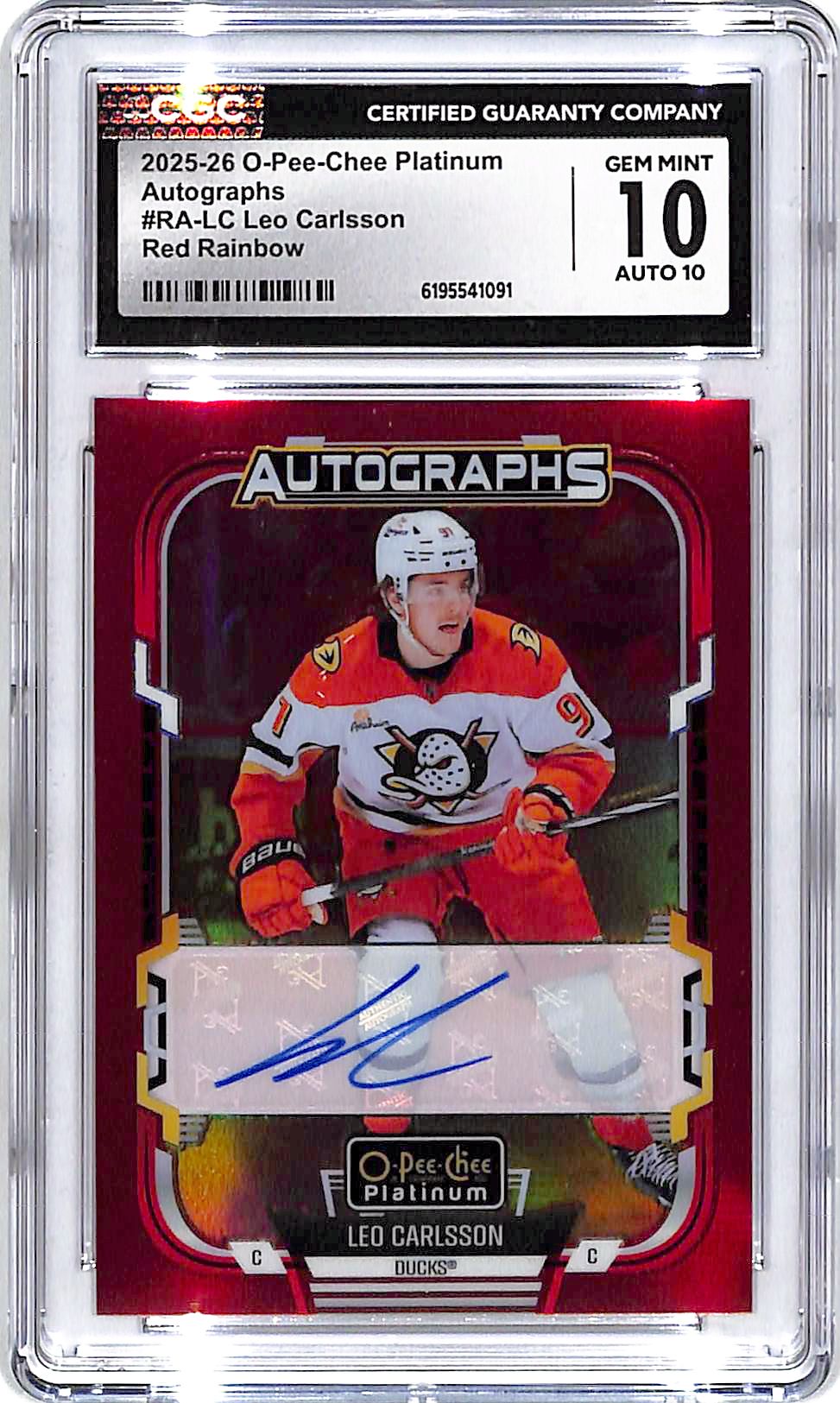 2025-26 O-Pee-Chee Platinum Leo Carlsson Auto Autograph Red Rainbow CGC 10 Ducks
