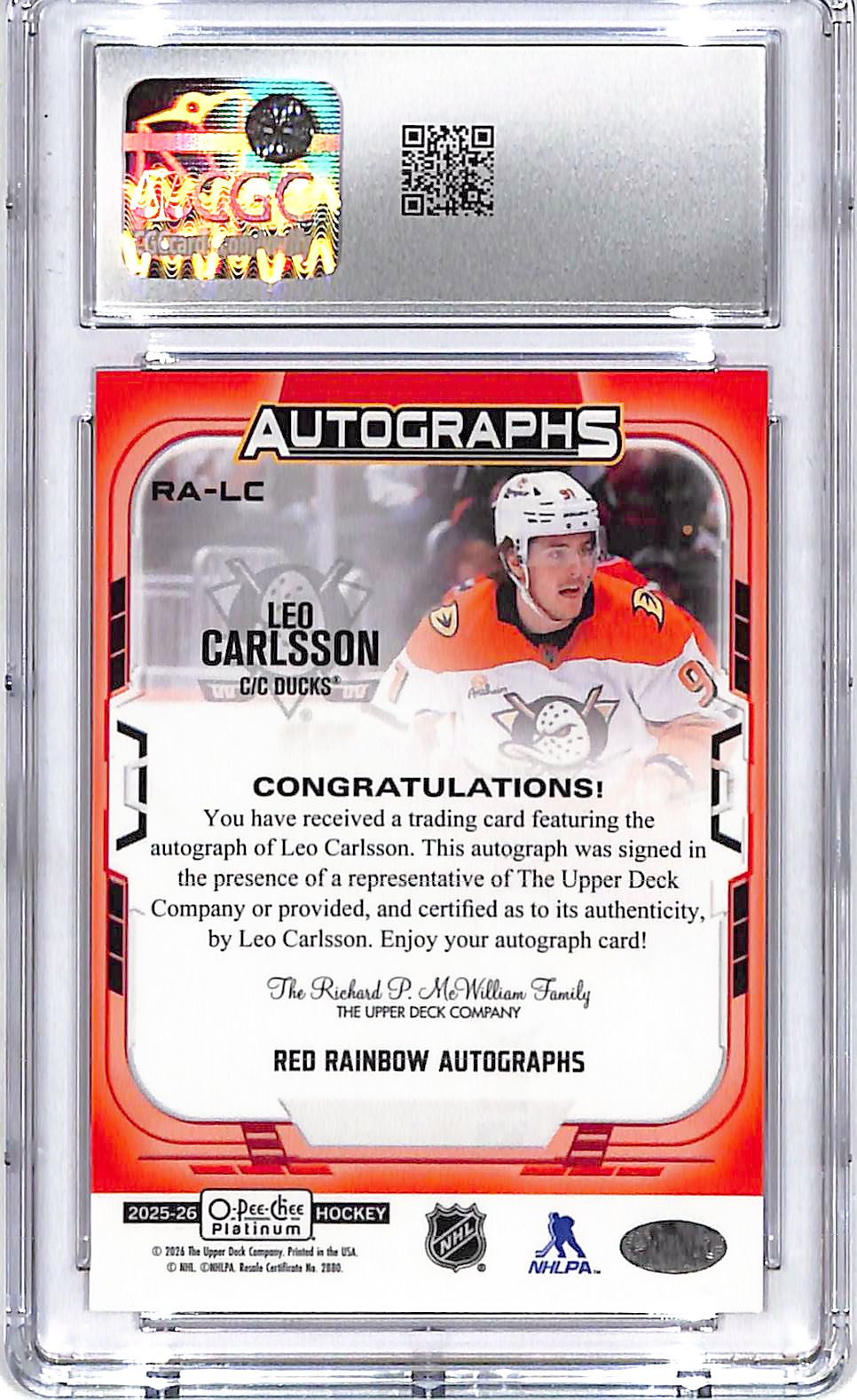 2025-26 O-Pee-Chee Platinum Leo Carlsson Auto Autograph Red Rainbow CGC 10 Ducks