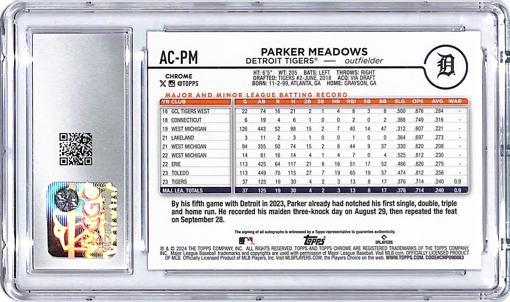 2024 Topps Chrome Update Parker Meadows Auto Autograph Rookie RC Aqua Wave Refractor CGC 10 /199