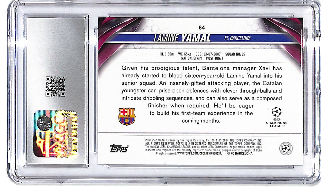 2023-24 Topps UEFA Club Competitions Lamine Yamal Rookie RC #64 CGC 10 Barcelona
