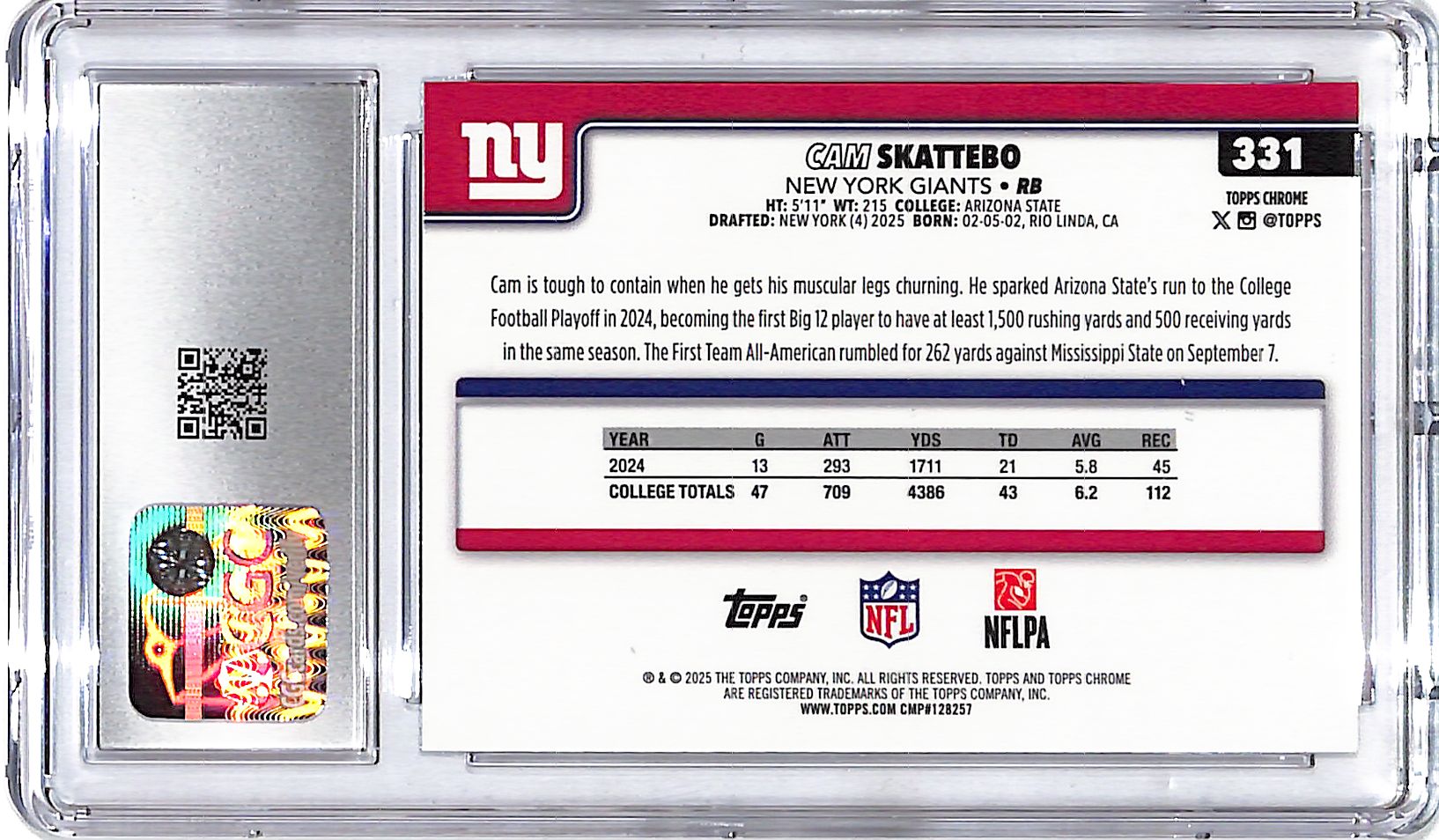 2025 Topps Chrome Cam Skattebo Rookie RC RayWave Refractor CGC 9 Giants
