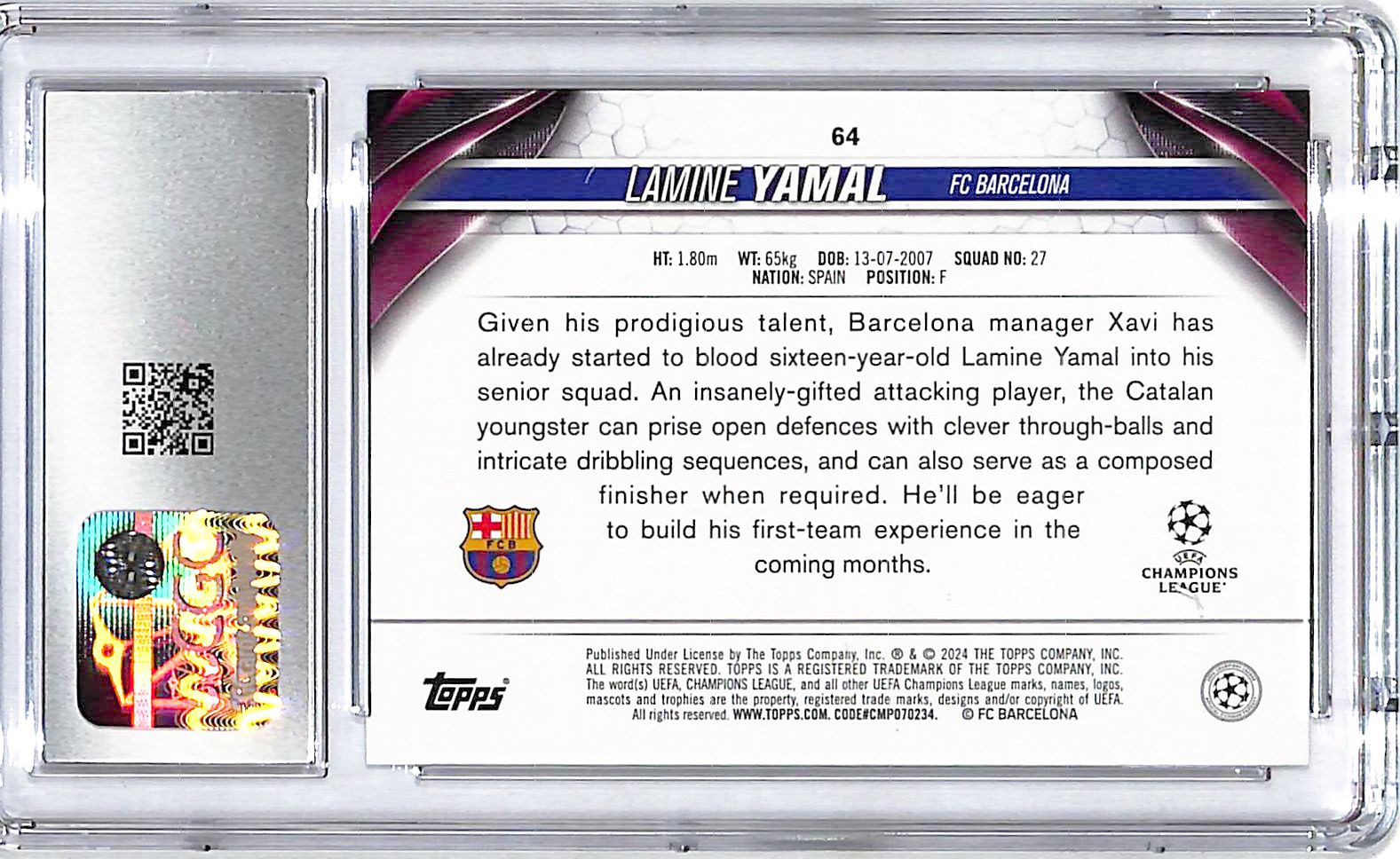 2023-24 Topps UEFA Club Competition Lamine Yamal Rookie RC #64 CGC 9 Barcelona