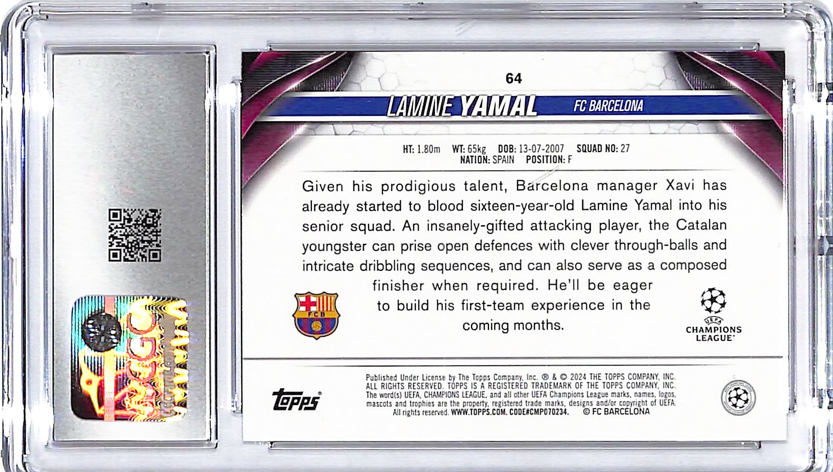 2023-24 Topps UEFA Club Competition Lamine Yamal Rookie RC #64 CGC 9 Barcelona