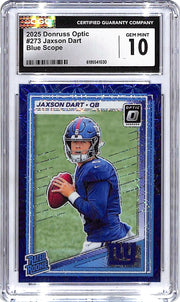 2025 Donruss Optic Jaxson Dart Rated Rookie RC Blue Scope CGC 10 Giants