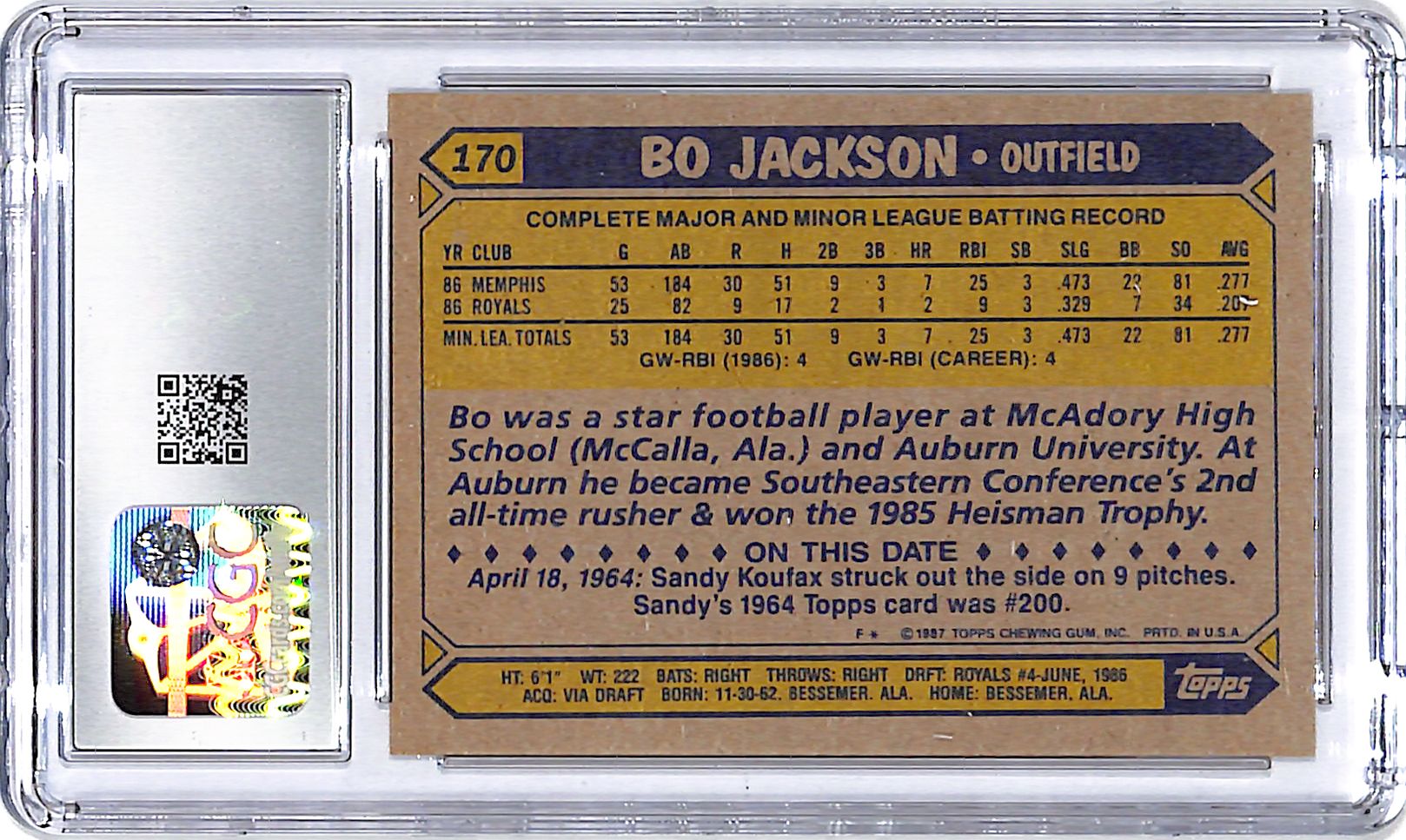 1987 Topps Bo Jackson Future Stars Rookie RC #170 CGC 9 Royals