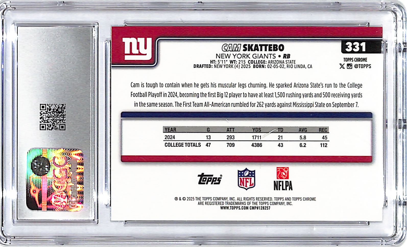 2025 Topps Chrome Cam Skattebo Rokie RC RayWave Refractor CGC 10 Giants