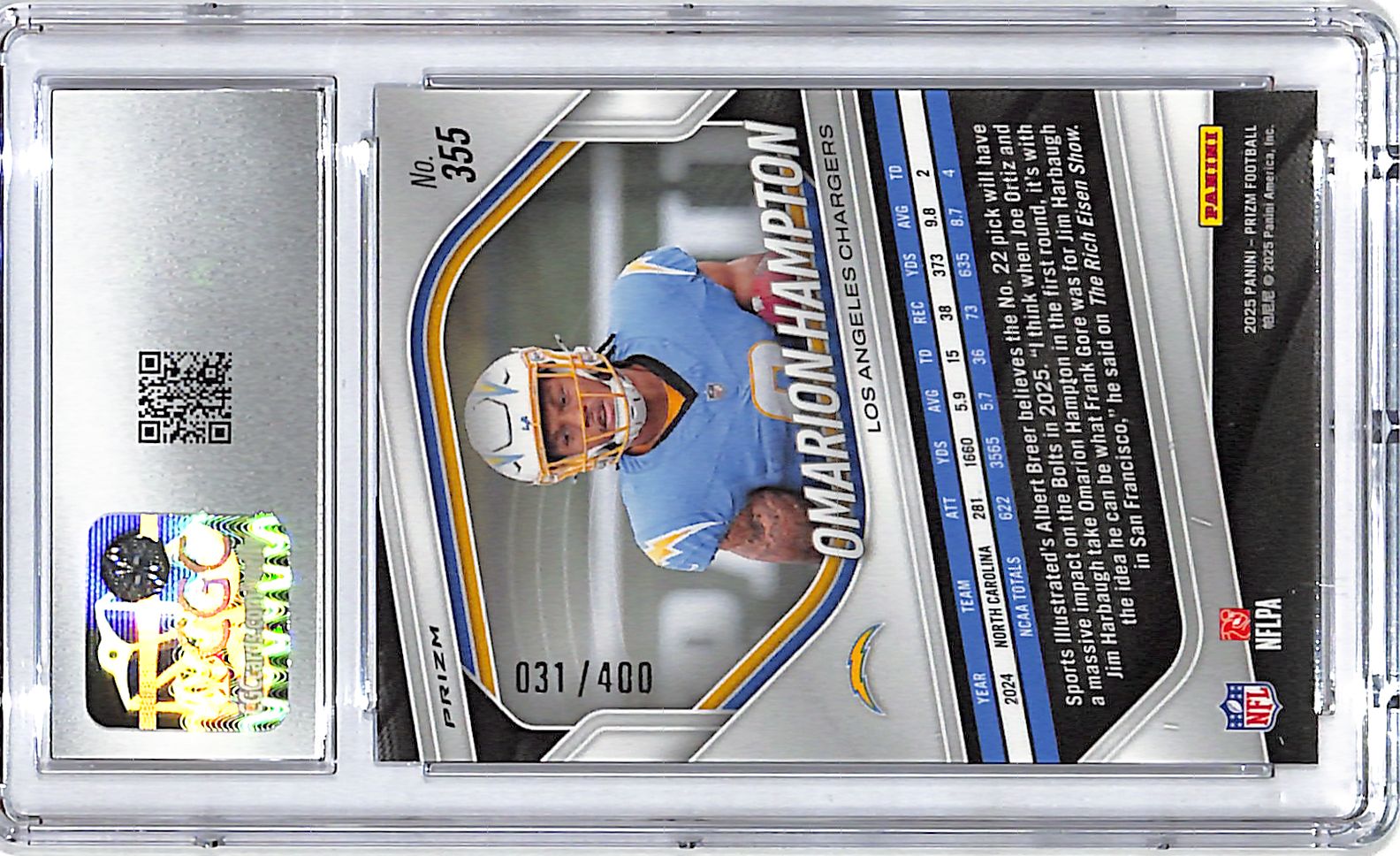 2025 Prizm Omarion Hampton Rookie RC Pandora /400 CGC 10 Chargers