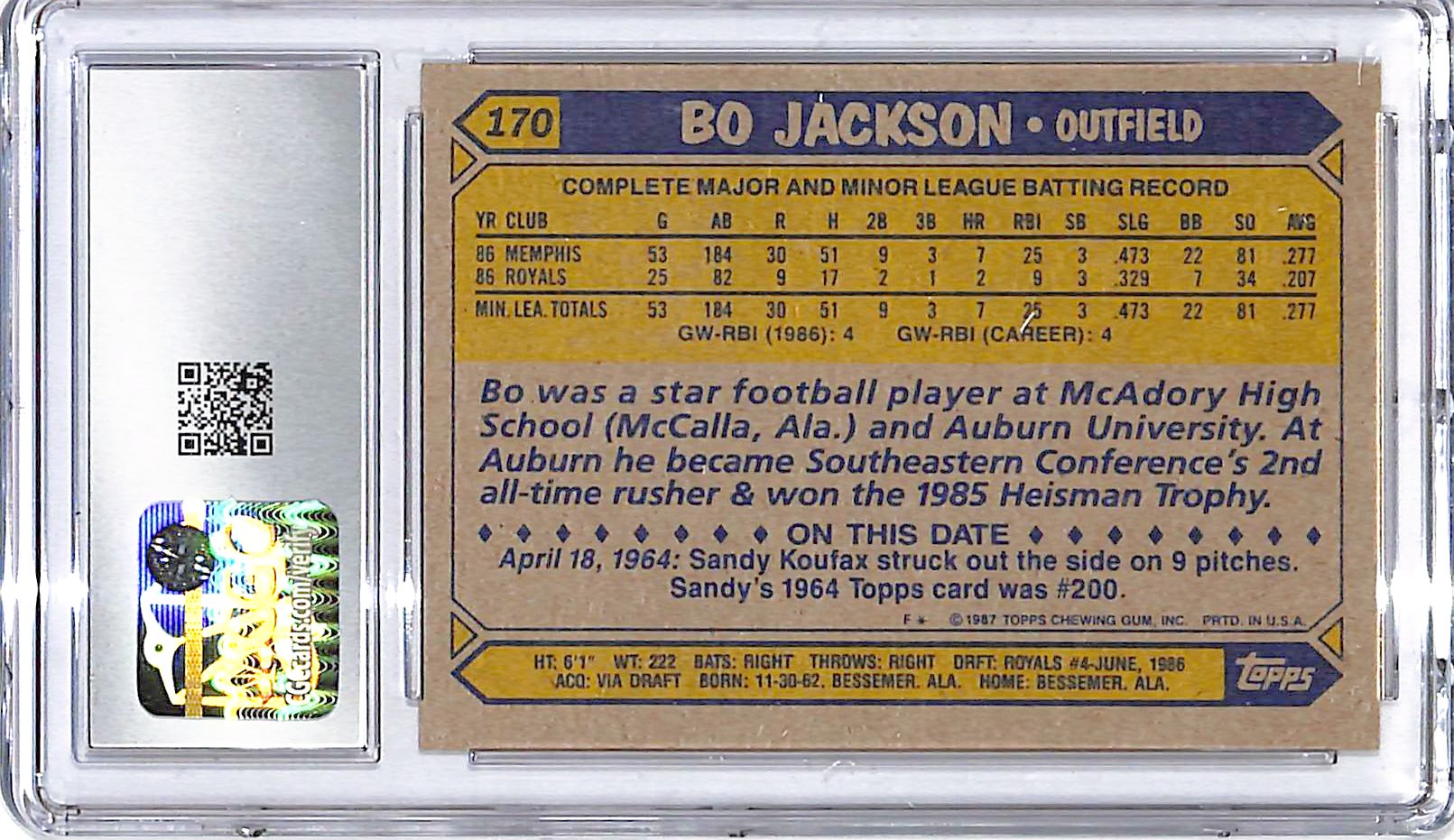 1987 Topps Bo Jackson Future Stars Rookie RC #170 CGC 9 Royals