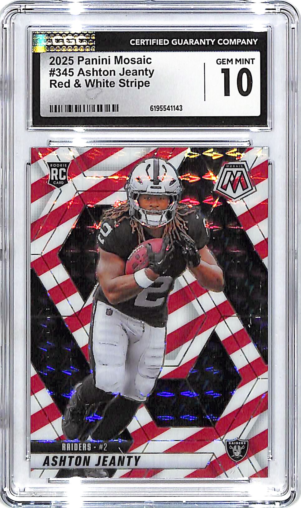 2025 Mosaic Ashton Jeanty Rookie RC Red and White Stripe CGC 10 Raiders