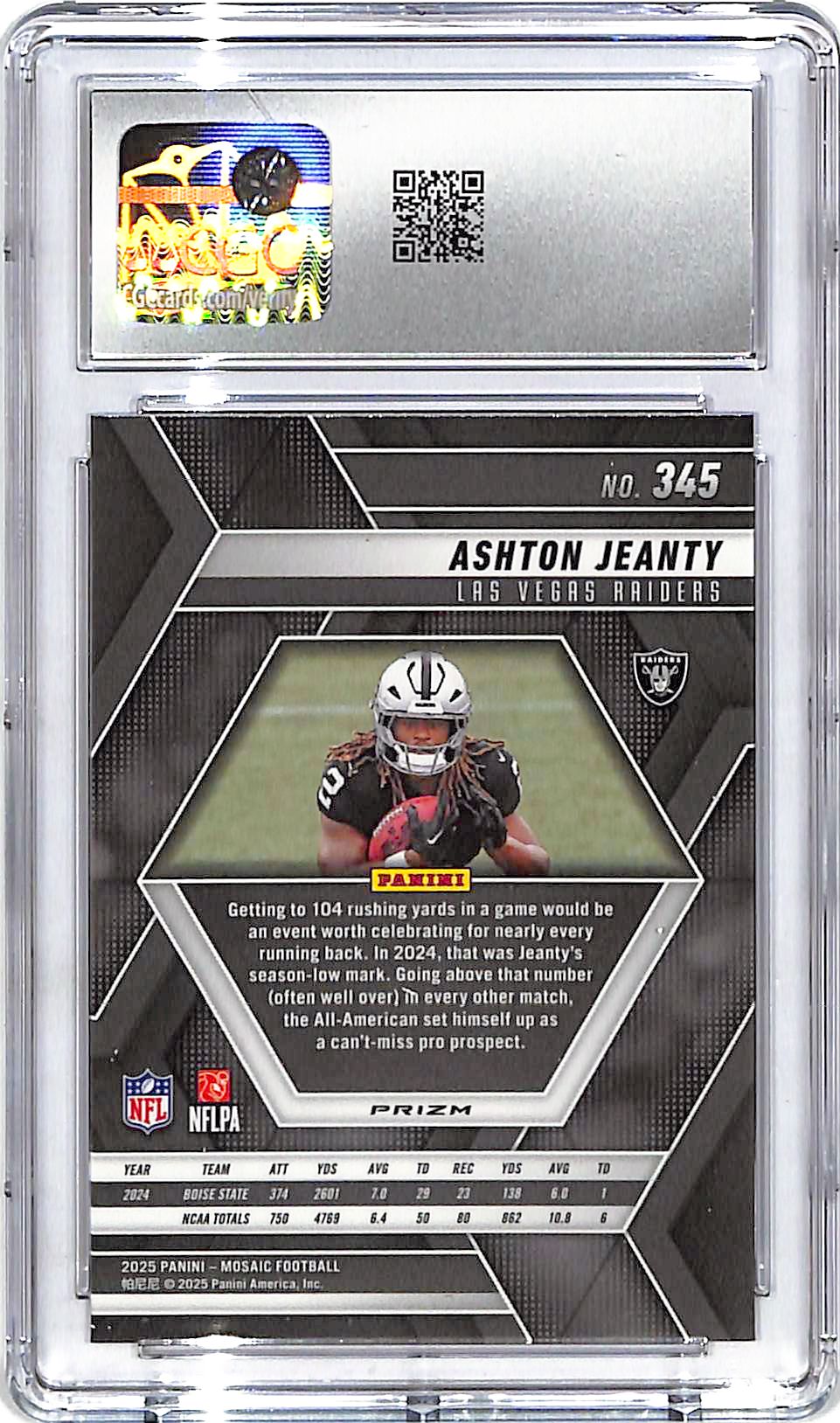 2025 Mosaic Ashton Jeanty Rookie RC Red and White Stripe CGC 10 Raiders