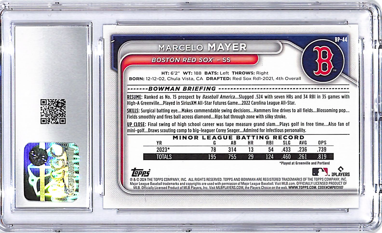 2024 Bowman Marcelo Mayer Prospect Purple Pattern Rookie /199 CGC 9.5 Red Sox