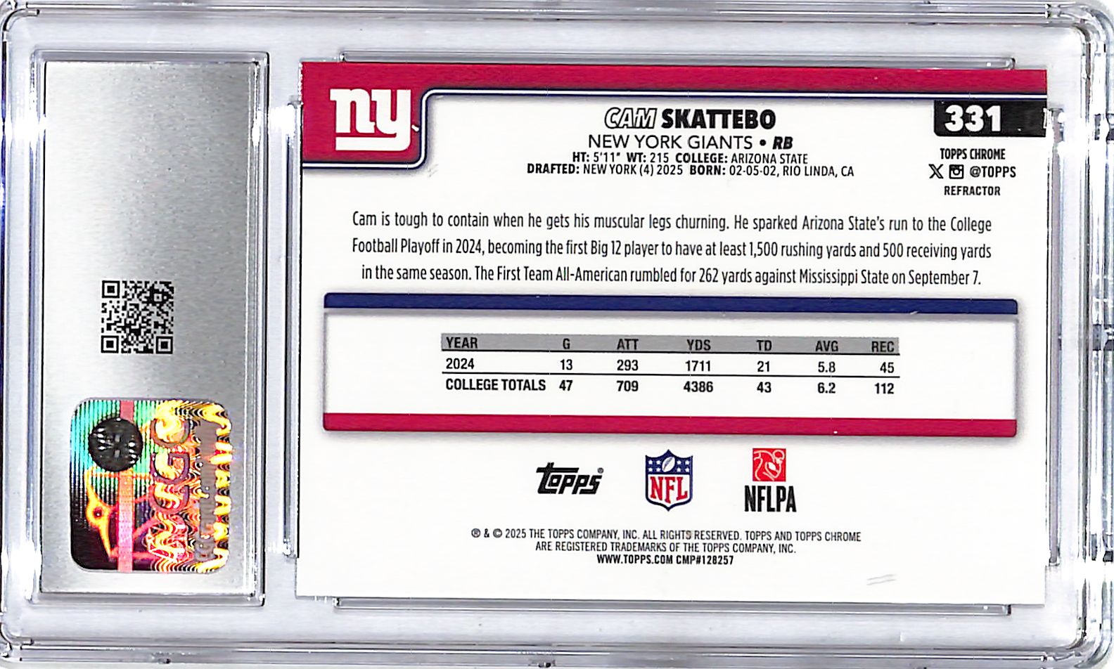 2025 Topps Chrome Cam Skattebo Rookie RC Refractor CGC 10 Giants