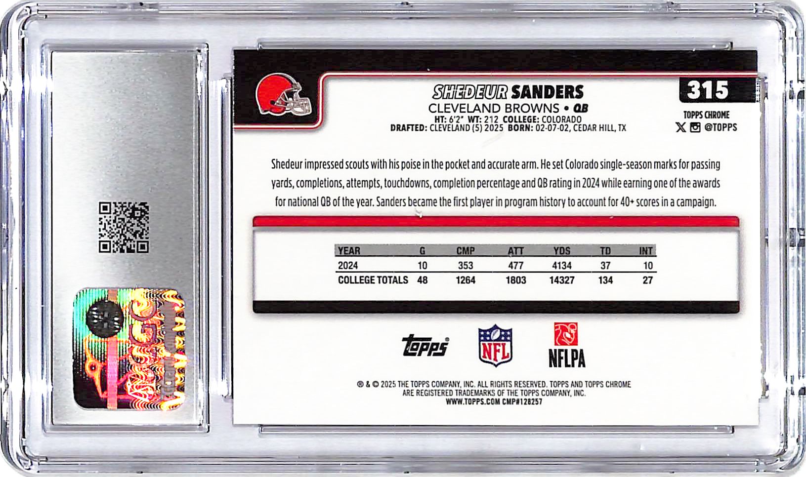 2025 Topps Chrome Shedeur Sanders Rookie RC Hot Pink Xfractor CGC 9.5 Browns