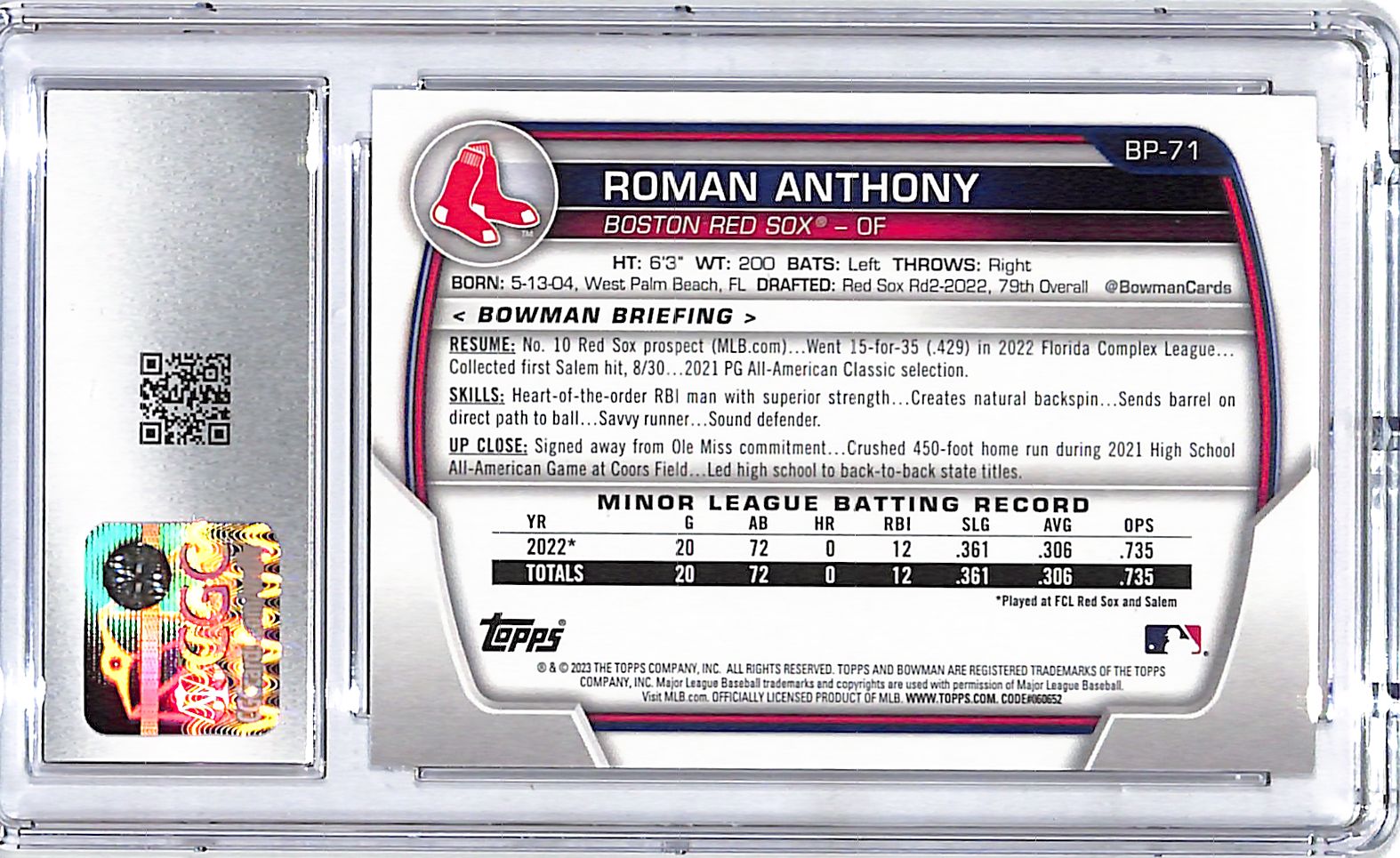 2023 Bowman Roman Anthony Rookie RC Prospect CGC 10 Red Sox