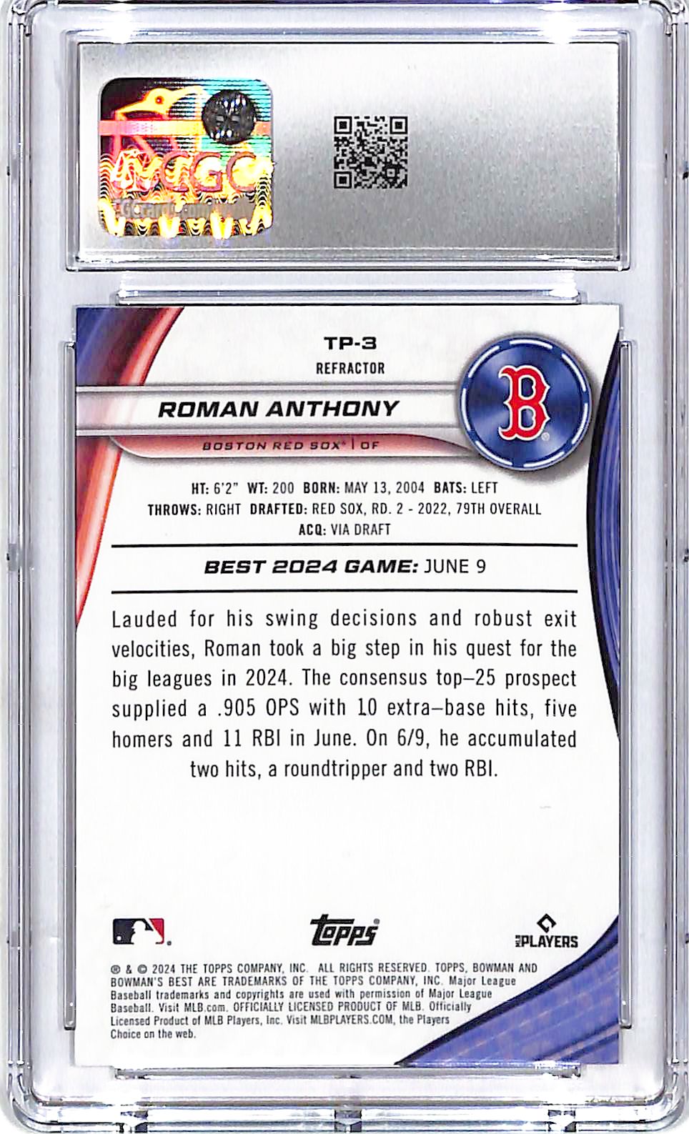 2024 Bowmans Best Roman Anthony Top Prospect Rookie RC Refractor CGC 10 Red Sox