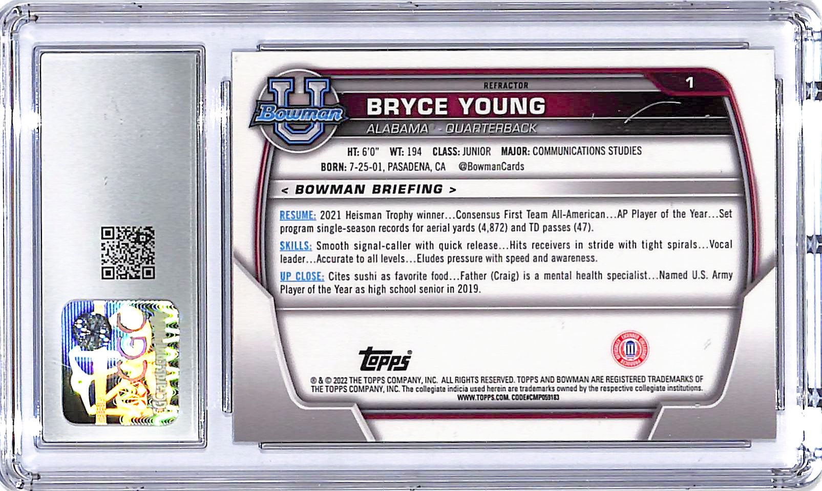 2022 Bowman Chrome University Bryce Young Rookie RC Refractor CGC 9.5 Alabama