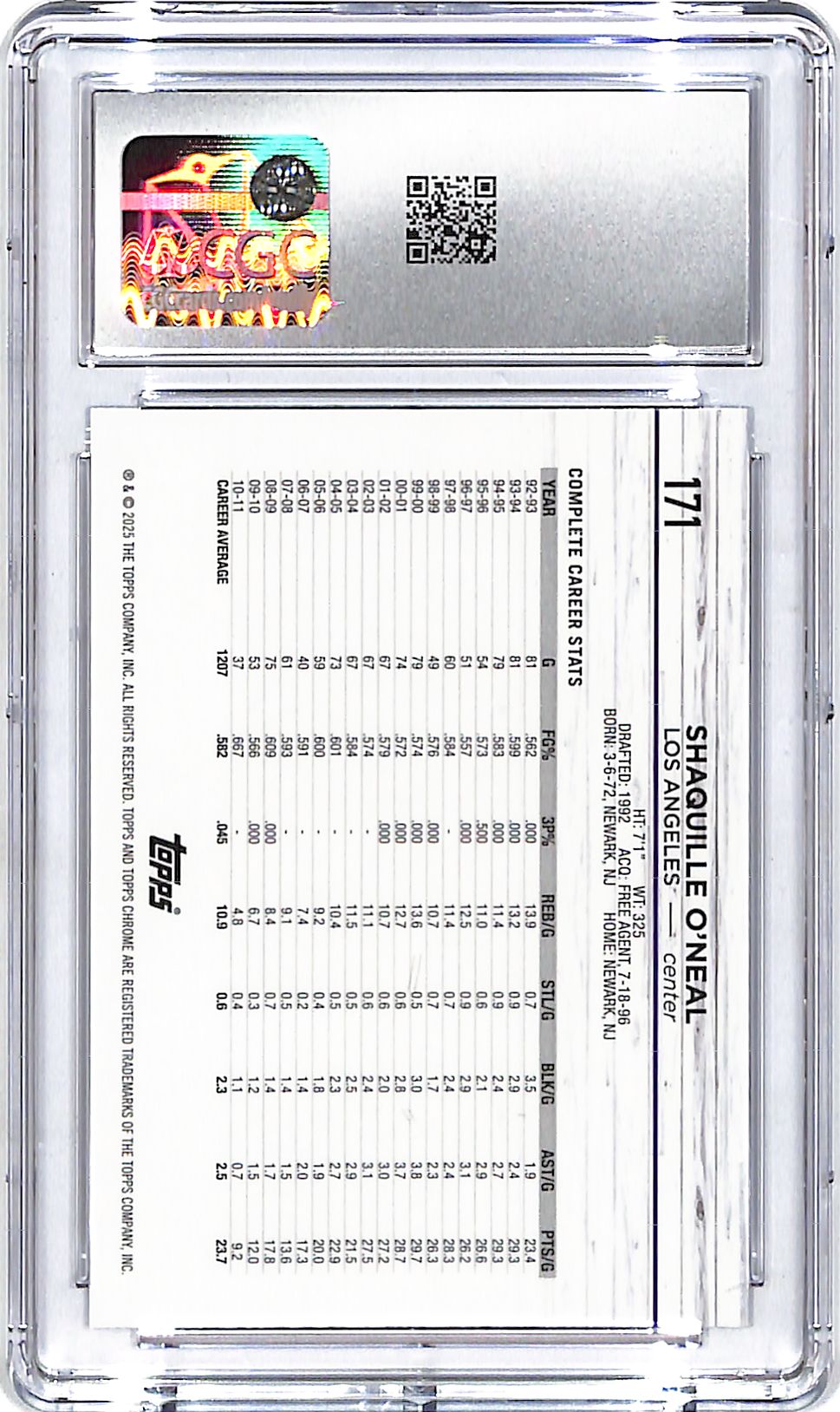 2024-25 Topps Chrome Shaquille O'Neal Purple Speckle Refractor /299 CGC 10 lakers