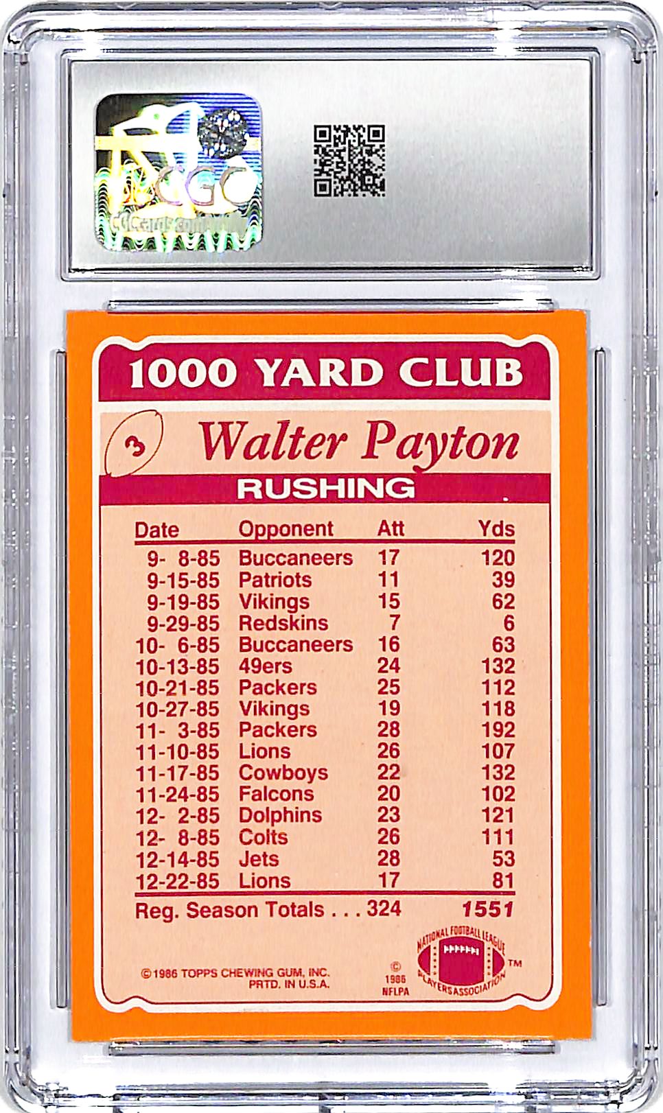 1986 Topps Walter Payton 1000 Yard Club #3 CGC 8 Bears