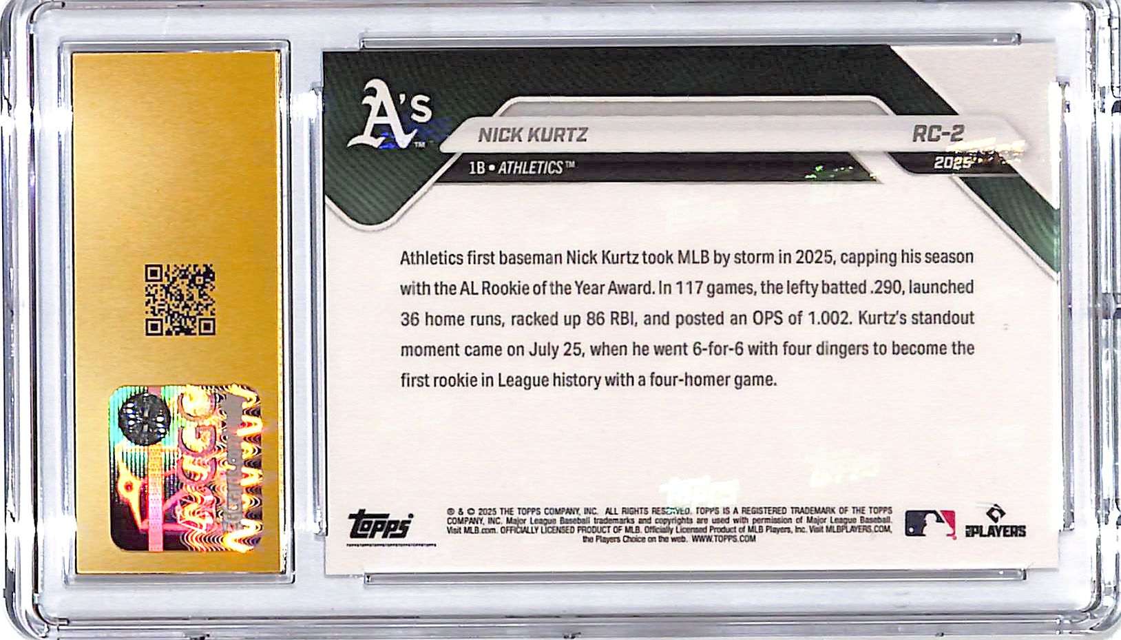 2025 Topps Now Nick Kurtz Rookie RC Cup CGC 10 Pristine Athletics