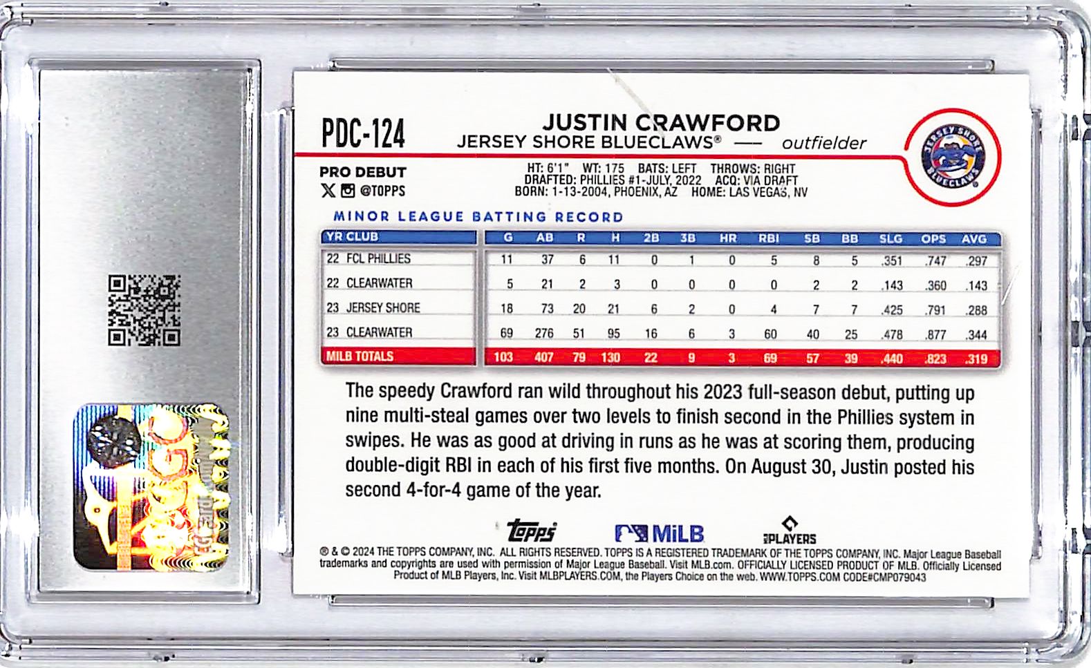 2024 Topps Pro Debut Chrome Justin Crawford Red Mini Diamond Refractor /5 CGC 9.5