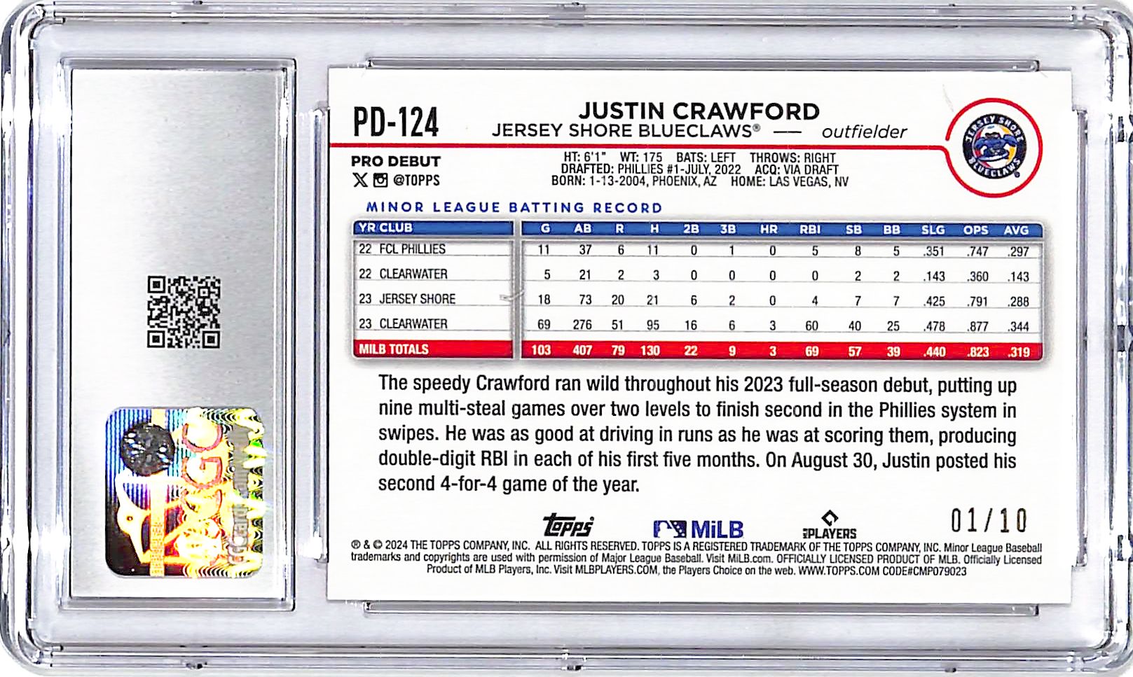 2024 Topps Pro Debut Justin Crawford Red Foil Rookie RC CGC 9.5 /5 Phillies