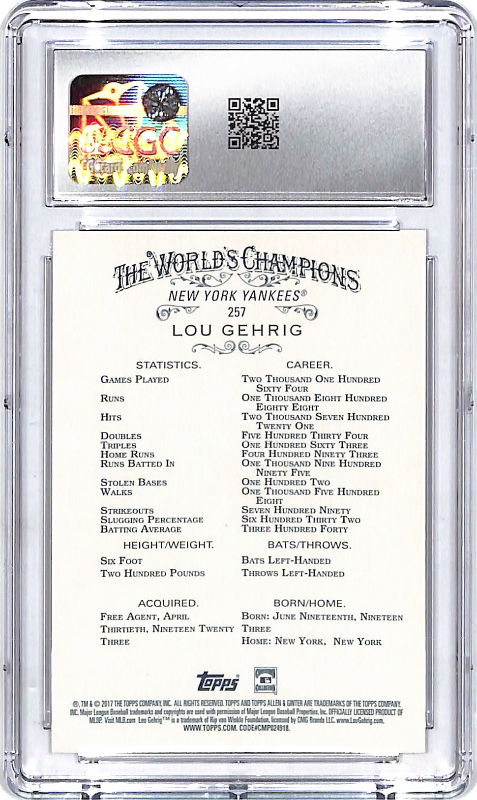 2017 Topps Allen and Ginter Lou Gehrig #257 CGC 9.5 Yankees