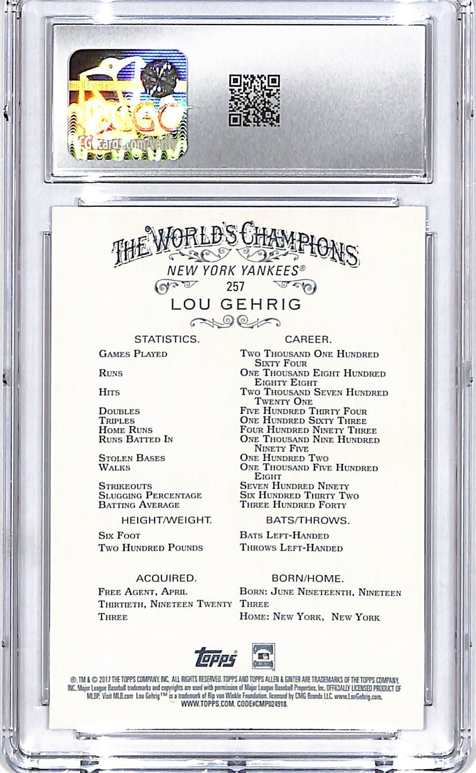 2017 Topps Allen and Ginter Lou Gehrig #257 CGC 9.5 Yankees