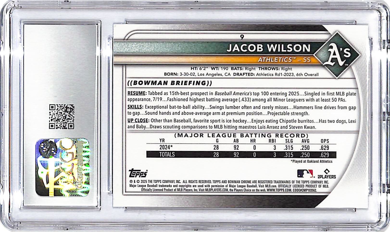 2025 Bowman Chrome Jacob Wilson Mega Box Mojo Refractor Rookie RC CGC 10