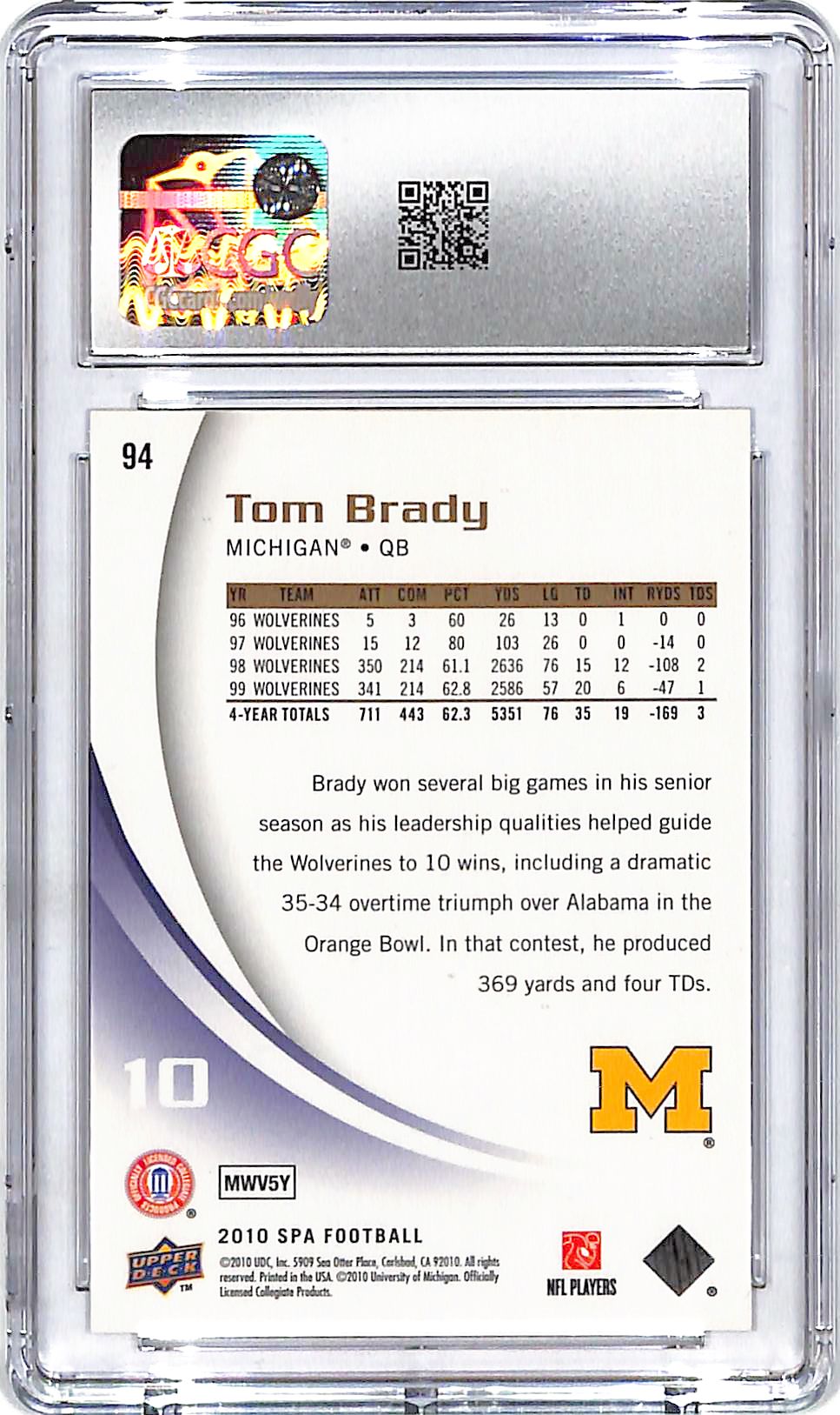 2010 SP Authentic Tom Brady #94 CGC 9.5 Michigan