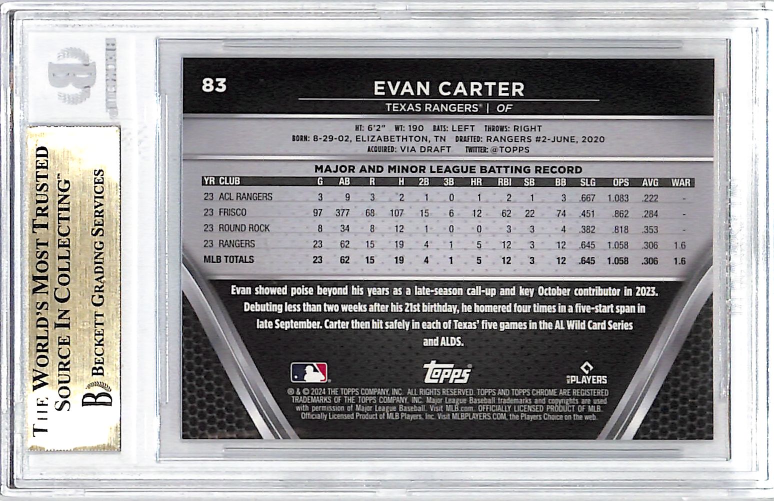 2024 Topps Chrome Black Evan Carter Red Refractor Rookie RC /5 BGS 9.5 Rangers