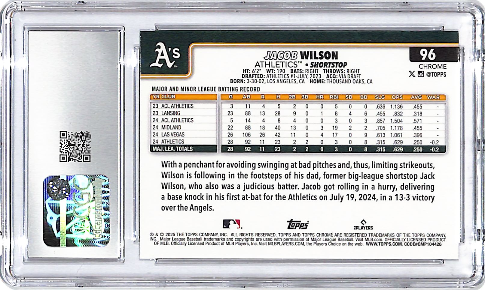 2025 Topps Chrome Jacob Wilson Rookie RC Sepia Refractor CGC 10 Athletics