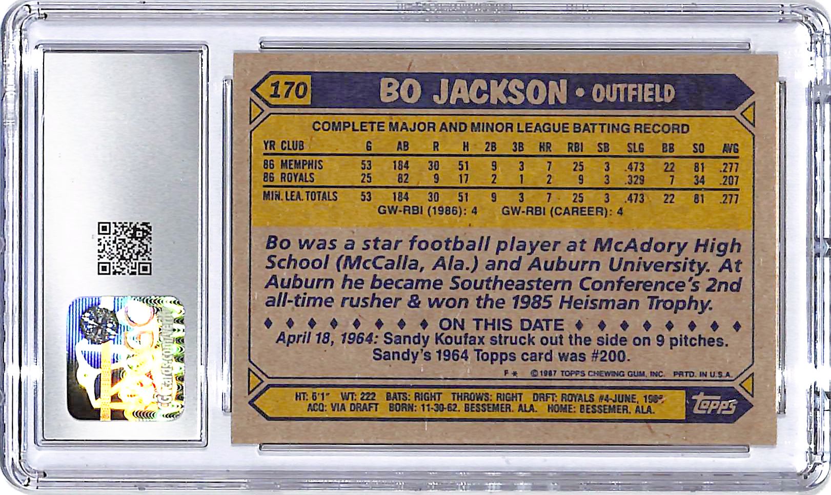1987 Topps Bo Jackson Rookie RC Futurę Stars #170 CGC 9 Royals