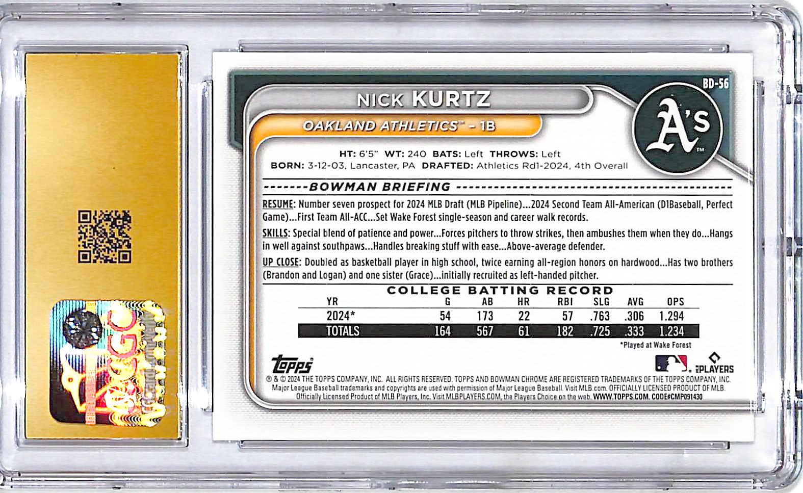 2024 Bowman Draft Nick Kurtz Rookie RC Prospect CGC 10 Pristine Athletics